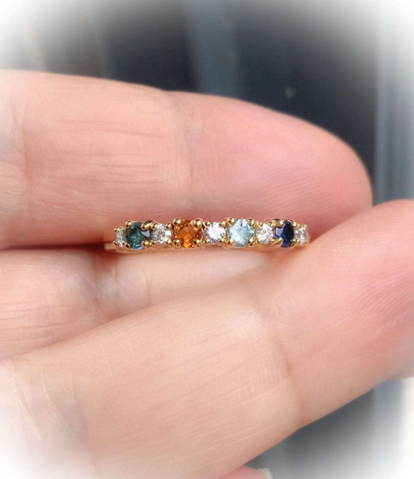 Mother's Ring/ 4 Stone Personalized Family Birthstone Ring w Diamonds/ Multi Stone Ring: London Blue Topaz Citrine Aquamarine Blue Sapphire