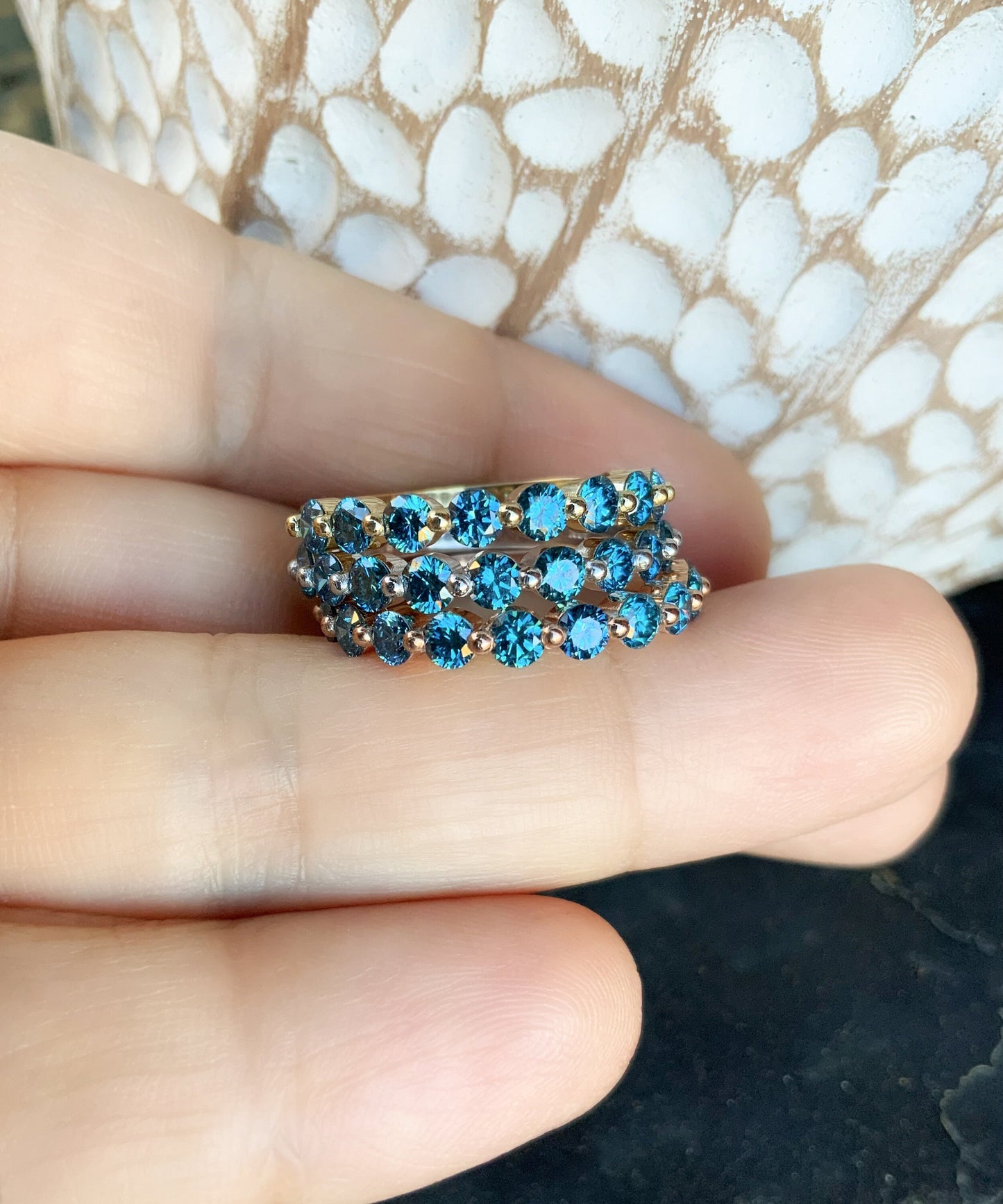 Blue Diamond Floating Bubble Ring/ 1ct Shared Prong Band/ 3mm Half Eternity Lab Grown Diamond Band/ 10 Stone Blue Diamond Stacking Ring