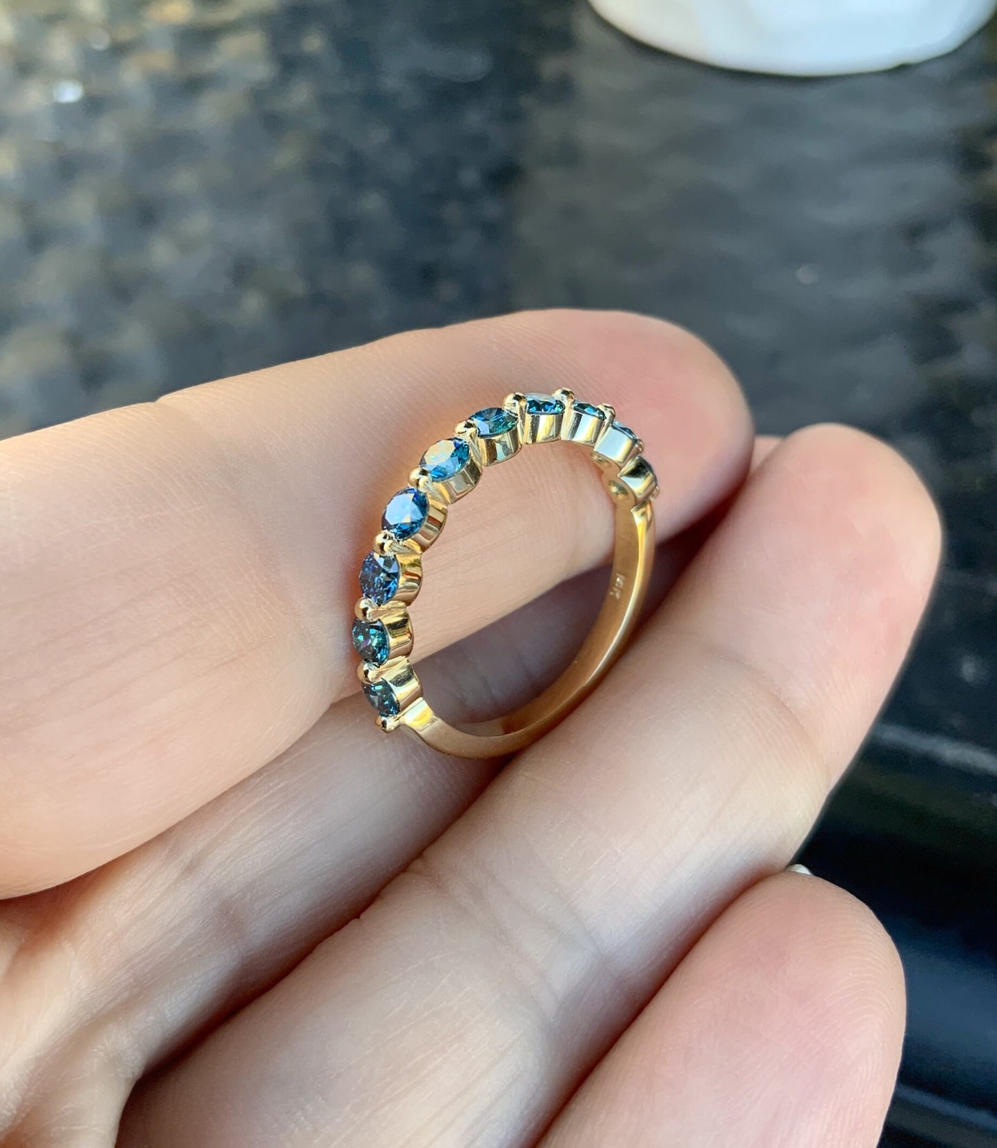 Blue Diamond Floating Bubble Ring/ 1ct Shared Prong Band/ 3mm Half Eternity Lab Grown Diamond Band/ 10 Stone Blue Diamond Stacking Ring