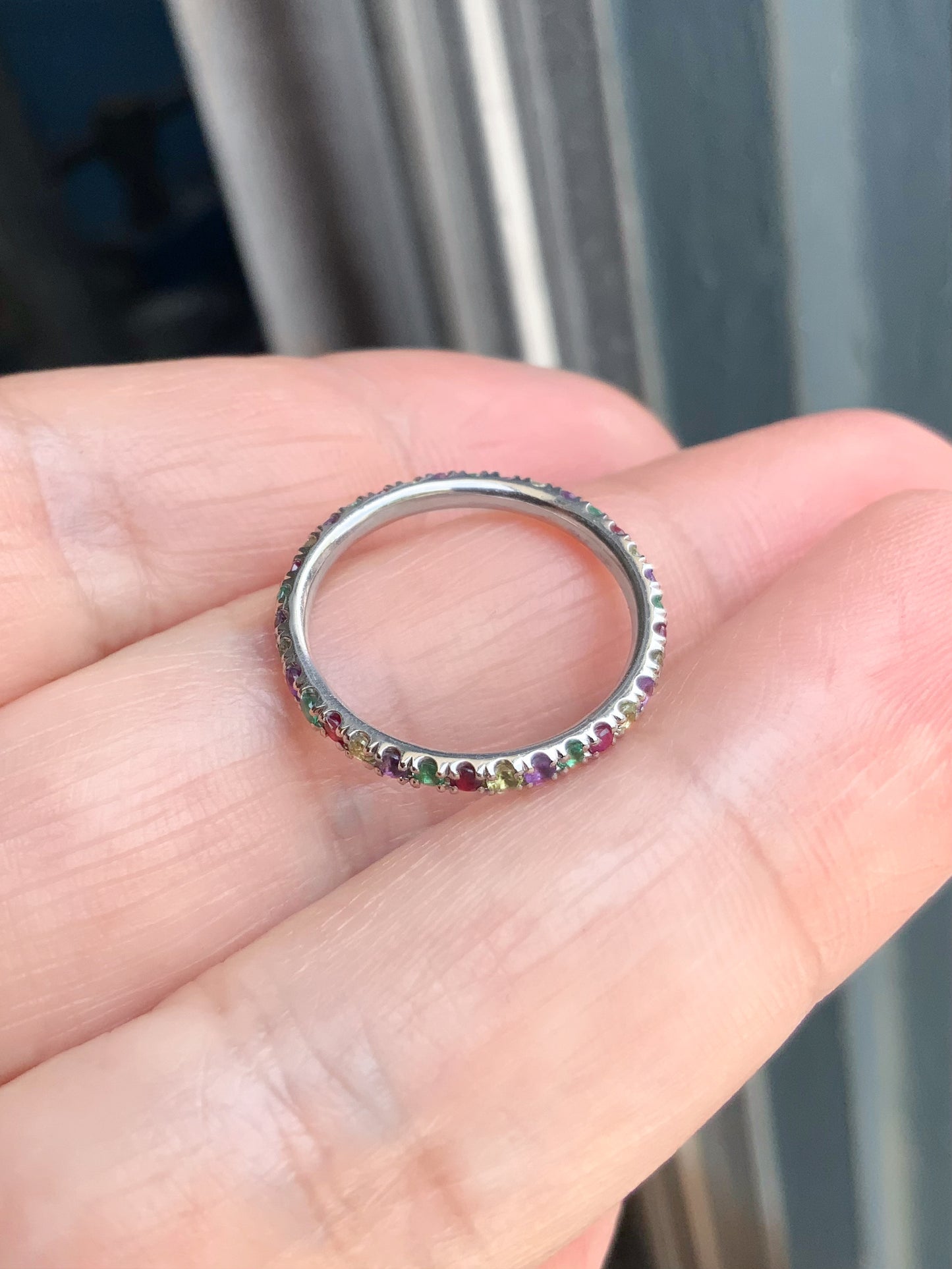 Emerald Ruby Peridot Amethyst Band/ 2mm Alternating Pave Full Eternity Stacking Ring/ 4 Birthstone Mother's Ring/ May July August February