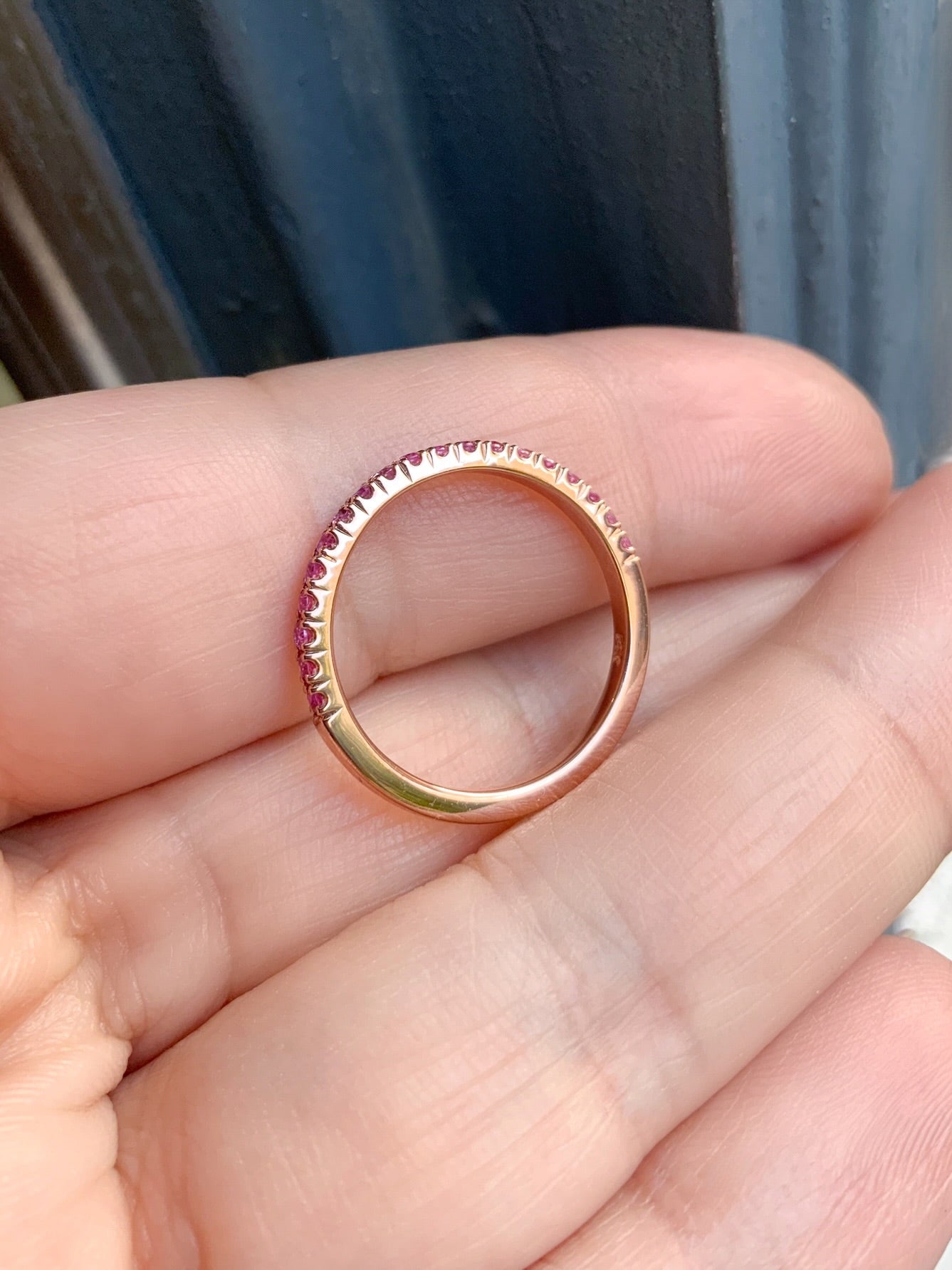 Pink Sapphire Half Eternity Ring/ 2mm Pave Pink Sapphire Wedding Band/ September Birthstone Stacking Ring/ Push Present Ring/ Gold, Platinum