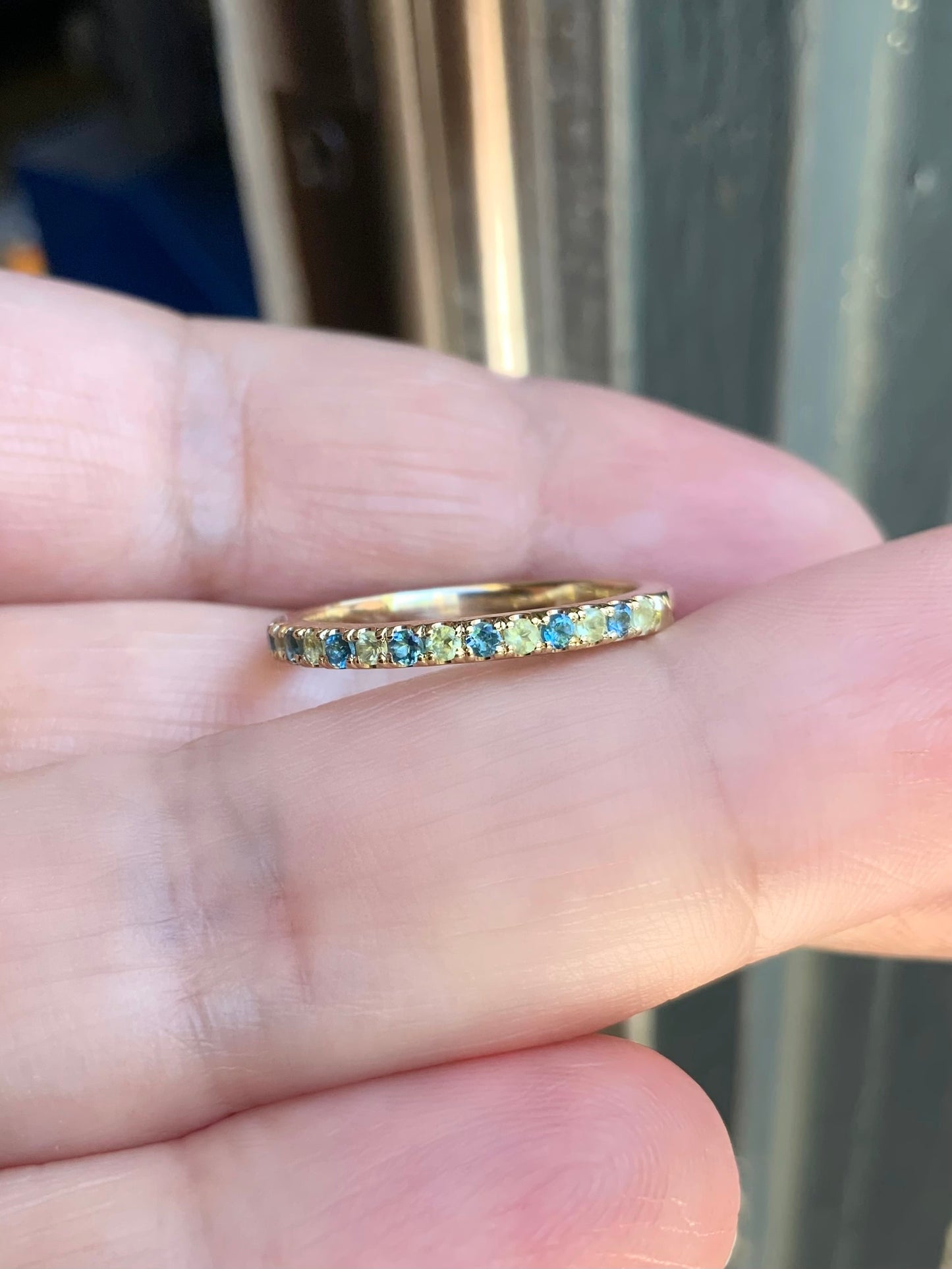 Peridot London Blue Topaz Stacking Ring/ 2mm Pave Half Eternity Band with Alternating Topaz Peridot/ August December Birthstone Mothers Ring