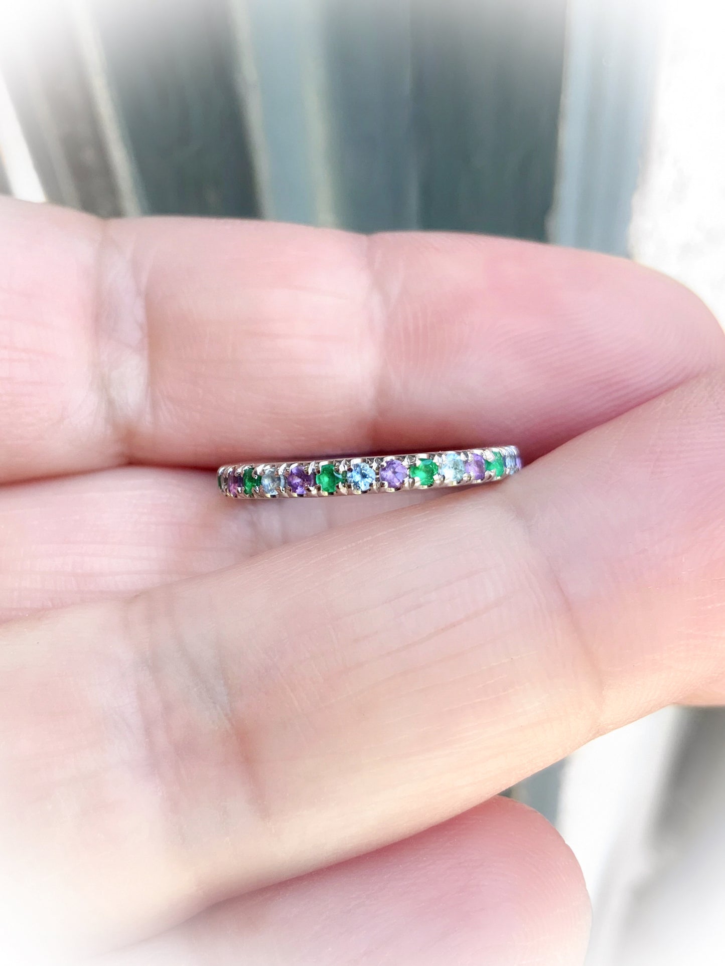 Emerald Aquamarine Amethyst Band/ 2mm Alternating Pave Full Eternity Ring/ 3 Birthstone Infinity Stacking/ May March February Mother's Ring