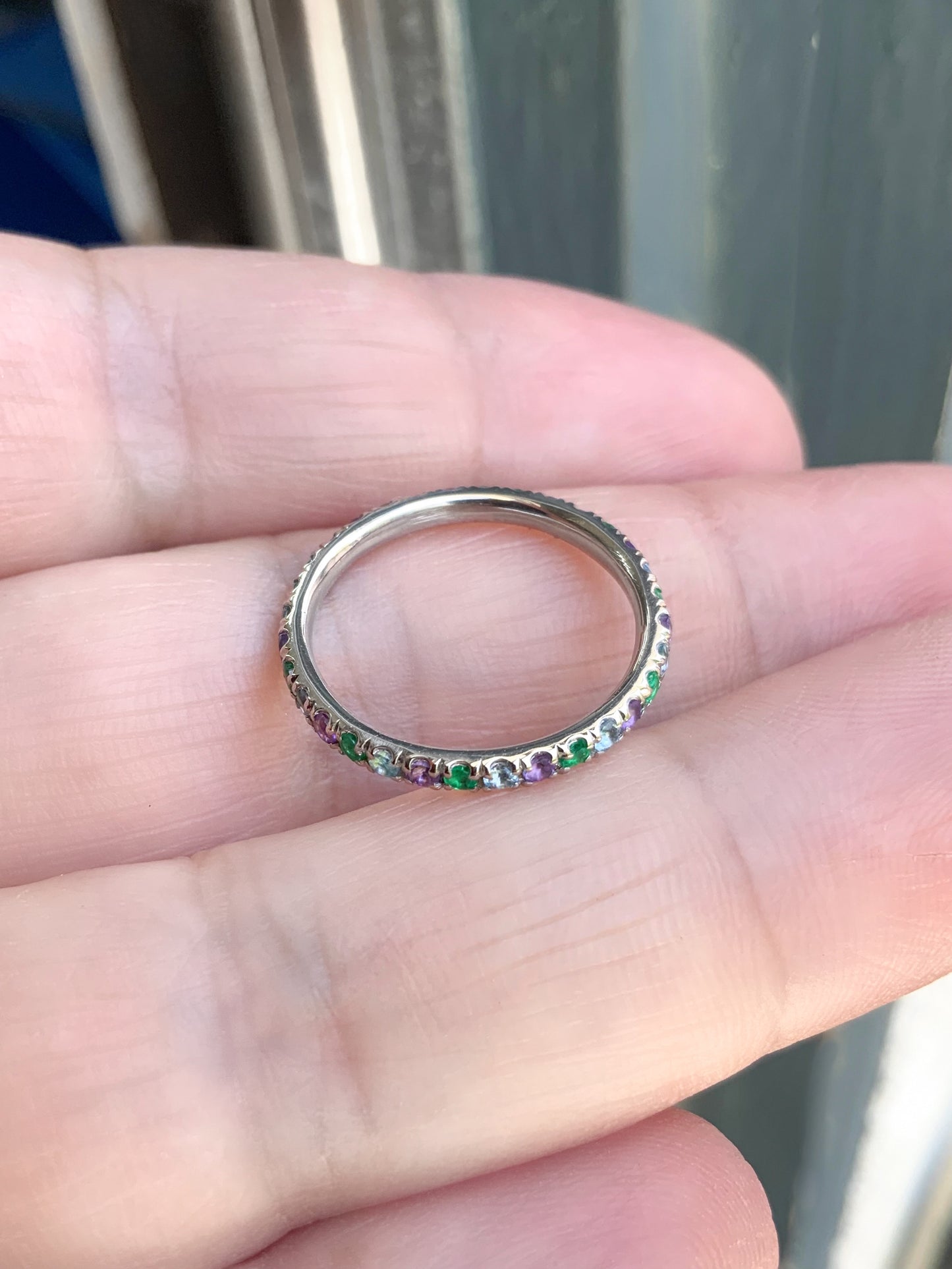 Emerald Aquamarine Amethyst Band/ 2mm Alternating Pave Full Eternity Ring/ 3 Birthstone Infinity Stacking/ May March February Mother's Ring