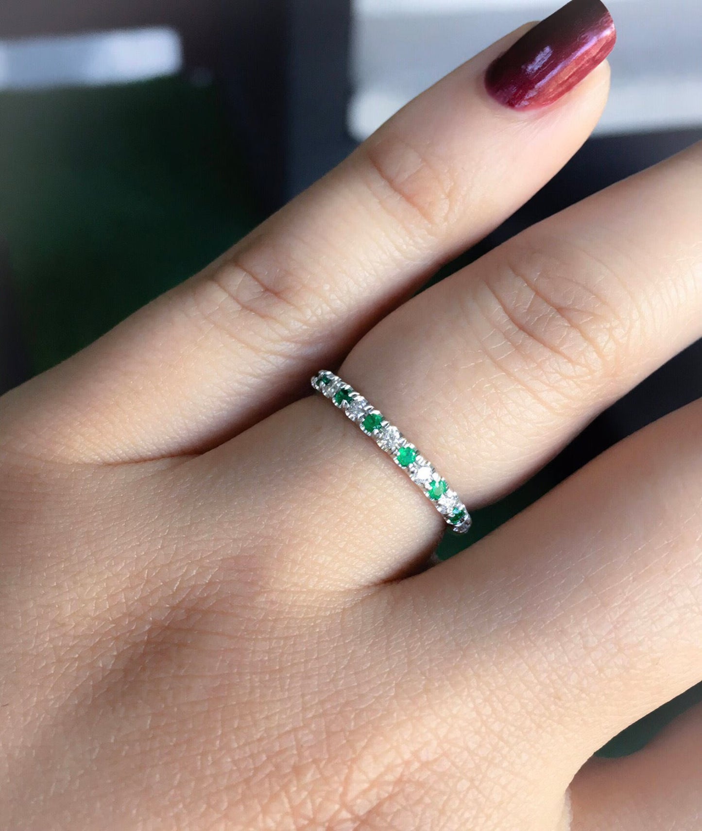 Alternating Emerald and Diamond Eternity Band/ 2mm Ring Diamond & Emerald/ Half Eternity Ring/ Diamond Wedding Band/ Anniversary Stack Band
