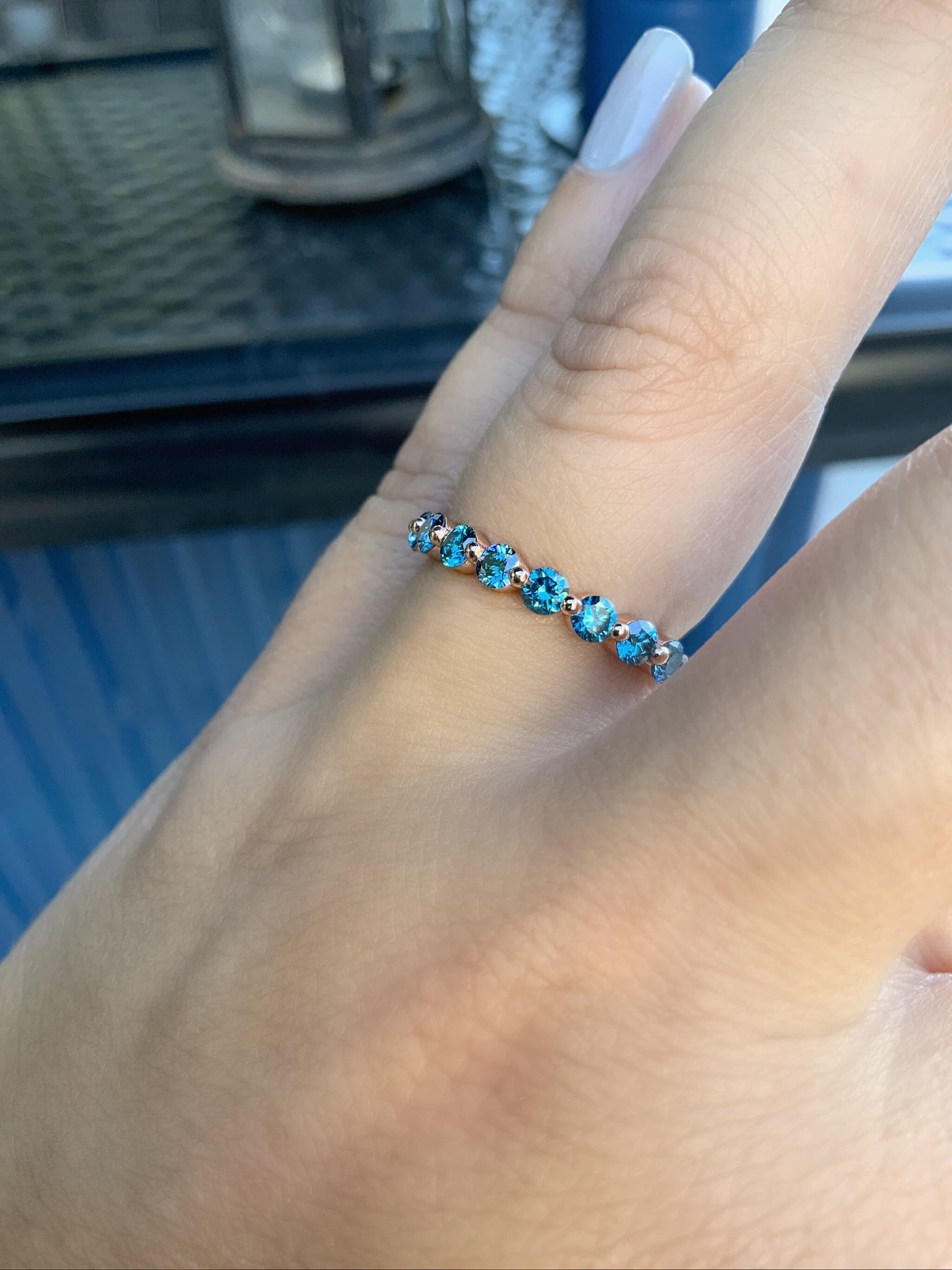 Blue Diamond Floating Bubble Ring/ 1ct Shared Prong Band/ 3mm Half Eternity Lab Grown Diamond Band/ 10 Stone Blue Diamond Stacking Ring
