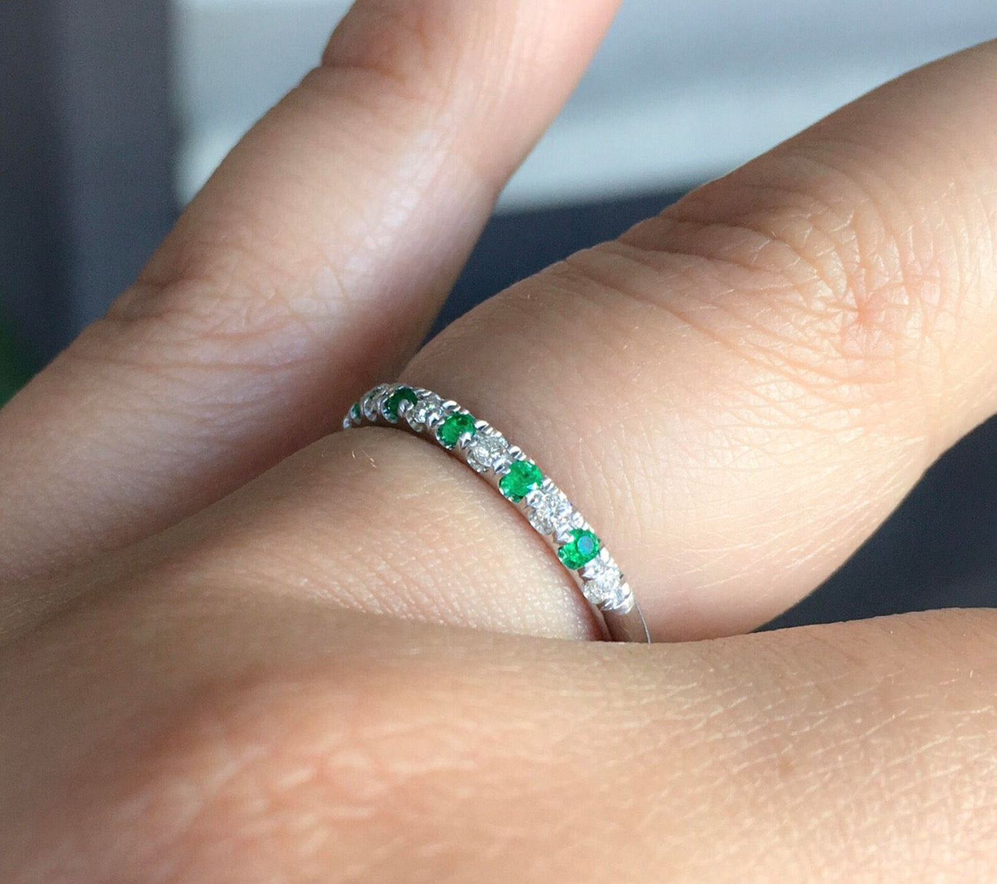 Alternating Emerald and Diamond Eternity Band/ 2mm Ring Diamond & Emerald/ Half Eternity Ring/ Diamond Wedding Band/ Anniversary Stack Band