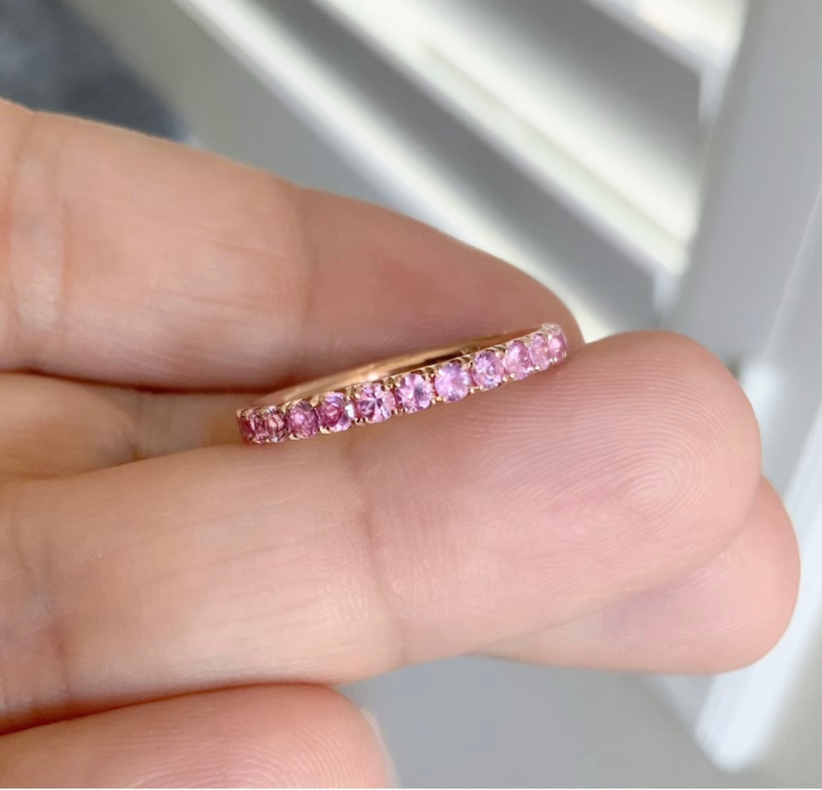 Reserved for Margaret/ 10K 2.7mm Half Eternity Pave Band with Dark & Medium Pink Sapphires and Yellow Sapphires