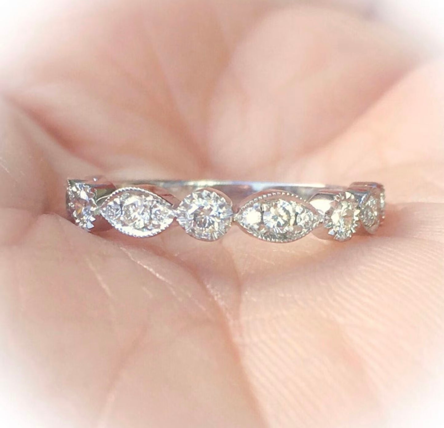 Marquise Dot Diamond Milgrain Women's Half Eternity Ring/ 3MM Lab Grown Diamond Unique Band/ Bezel Diamond Wedding Band/ 14K 18K Platinum