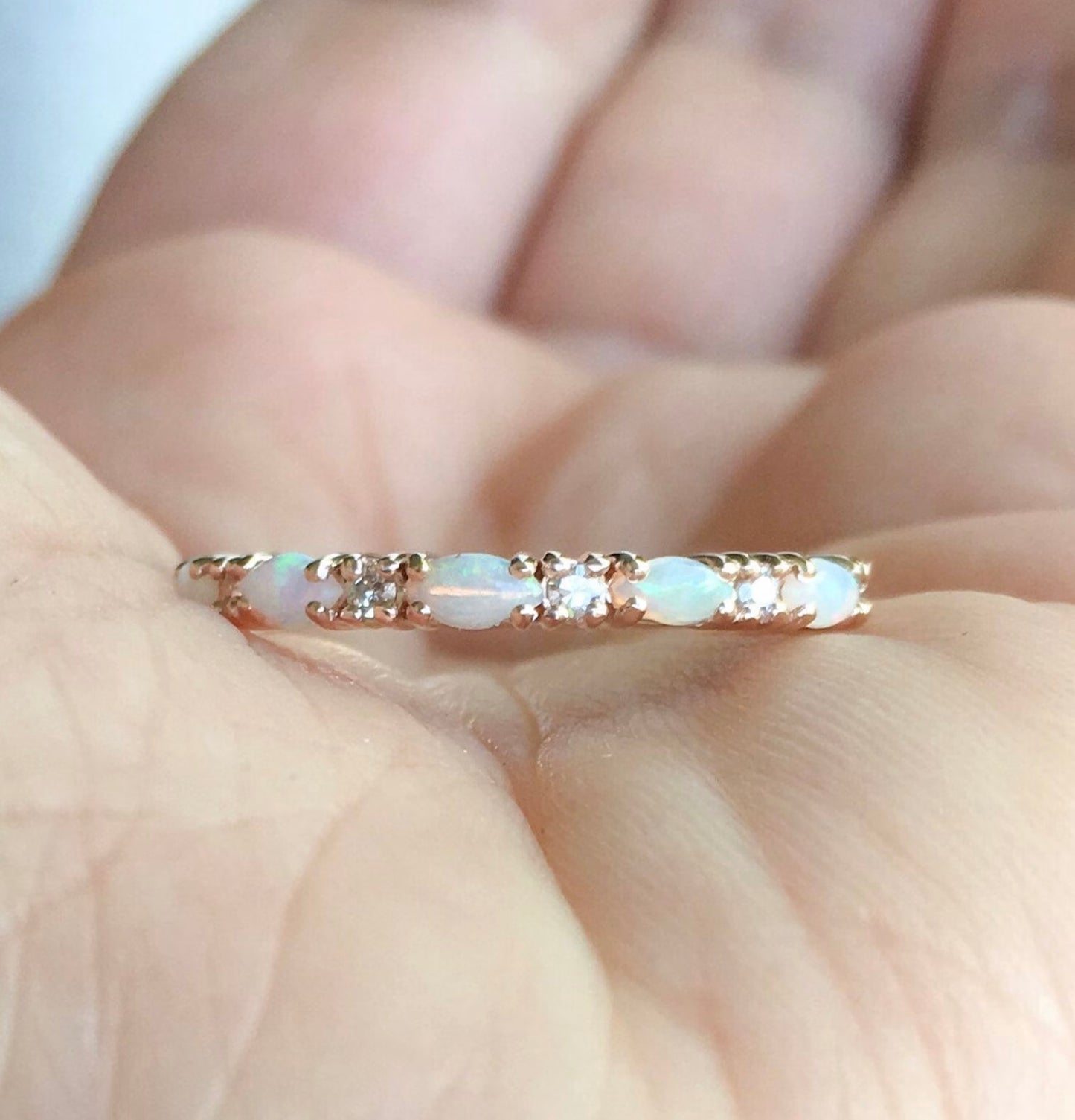 Opal Diamond Band/ Unique Opal Stacking Ring/ Prong Set Alternating Opal Diamond Wedding Band/ Vintage Looking Opal Diamond Ring/ October Birthstone Ring/ 10K 14K 18K or Platinum