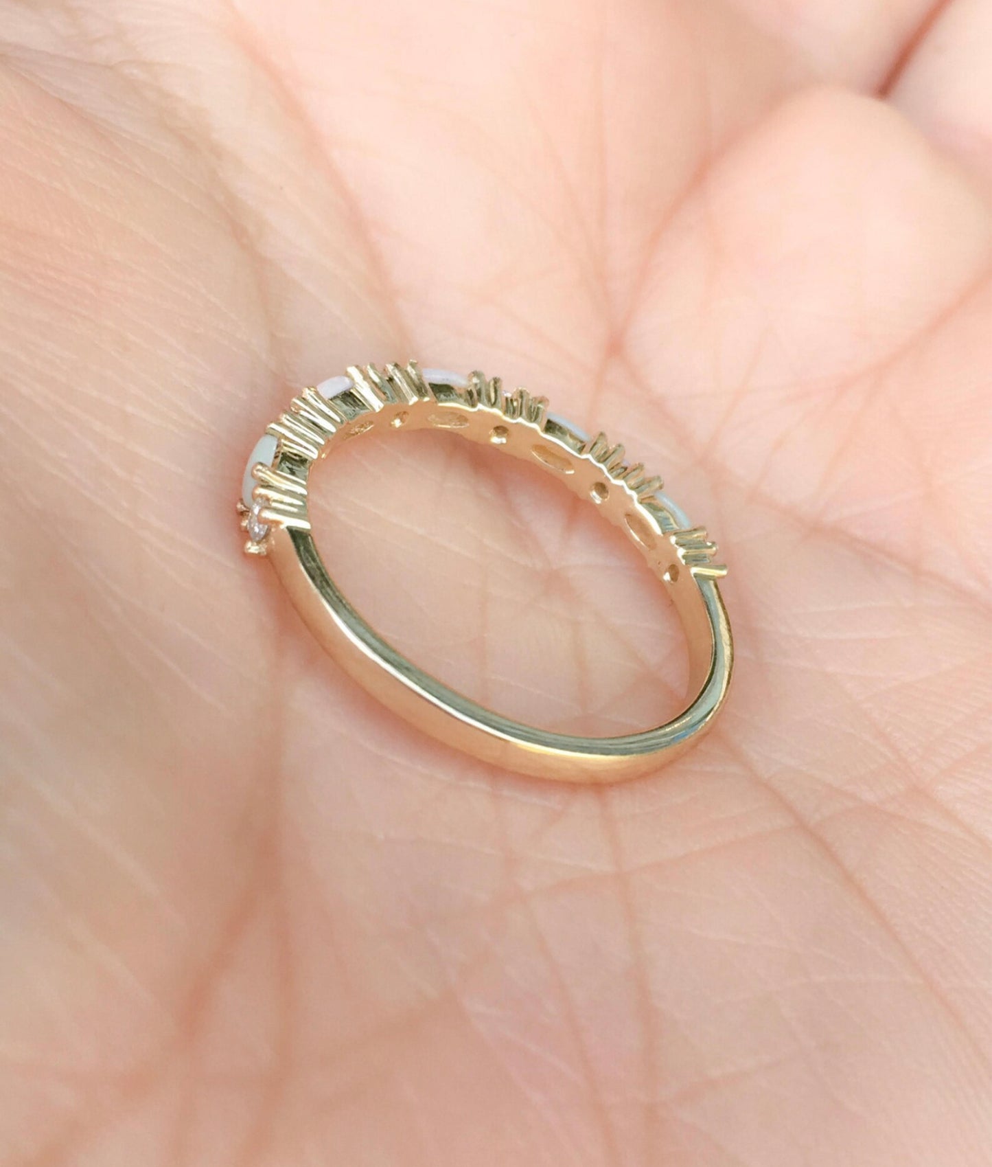 Opal Diamond Band/ Unique Opal Stacking Ring/ Prong Set Alternating Opal Diamond Wedding Band/ Vintage Looking Opal Diamond Ring/ October Birthstone Ring/ 10K 14K 18K or Platinum