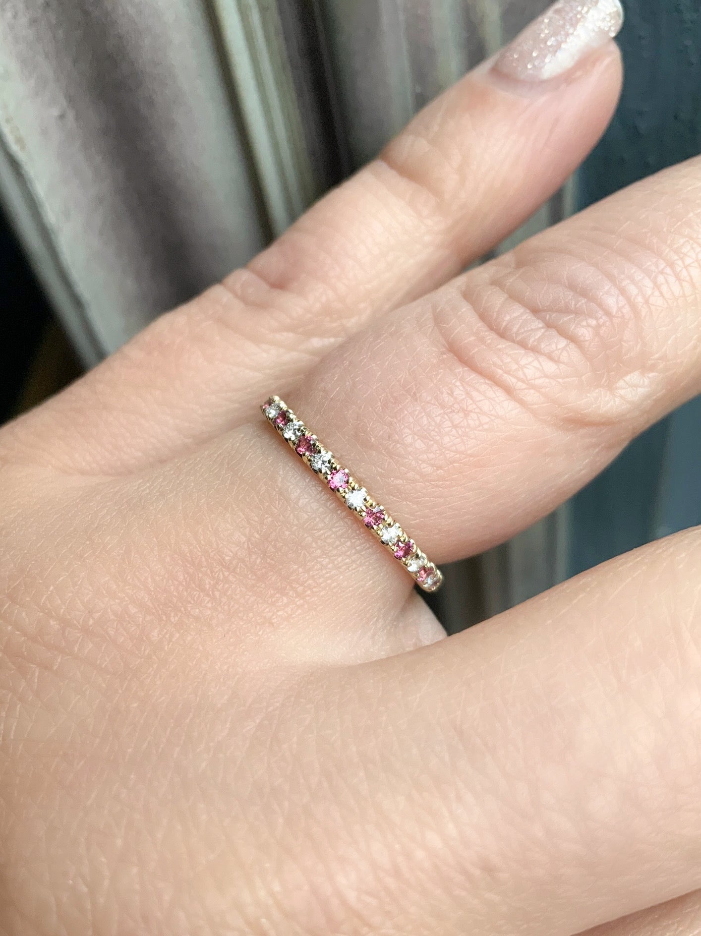 Rhodolite Garnet Diamond Alternating Band/ 2mm 3/4 Eternity Pave Stacking Ring/ Pink Garnet & Diamond 2 Birthstone Wedding Band/ Platinum or Solid Gold October Ring