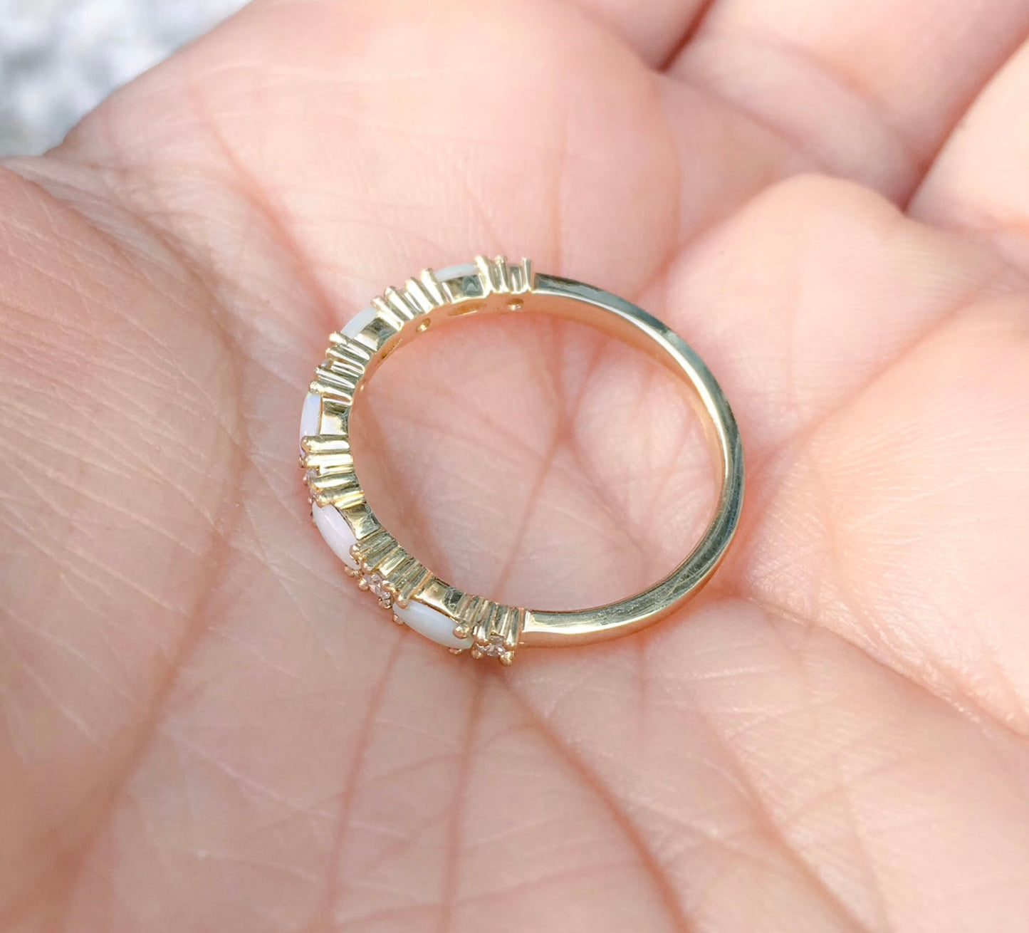 Opal Diamond Band/ Unique Opal Stacking Ring/ Prong Set Alternating Opal Diamond Wedding Band/ Vintage Looking Opal Diamond Ring/ October Birthstone Ring/ 10K 14K 18K or Platinum