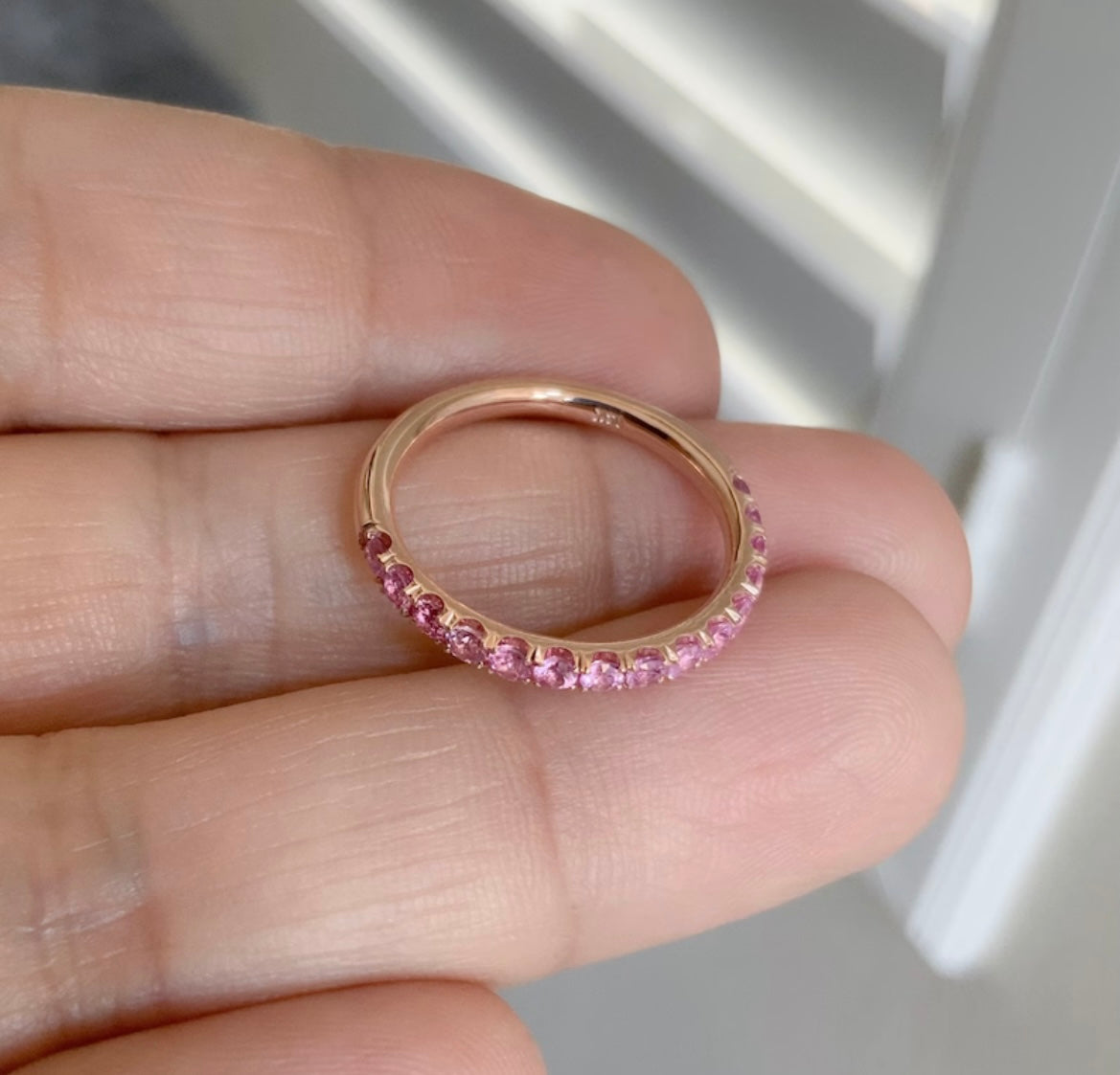 Reserved for Margaret/ 10K 2.7mm Half Eternity Pave Band with Dark & Medium Pink Sapphires and Yellow Sapphires