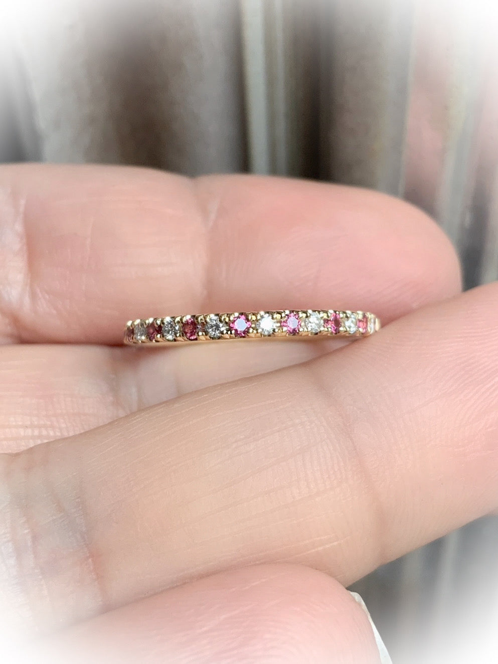 Rhodolite Garnet Diamond Alternating Band/ 2mm 3/4 Eternity Pave Stacking Ring/ Pink Garnet & Diamond 2 Birthstone Wedding Band/ Platinum or Solid Gold October Ring