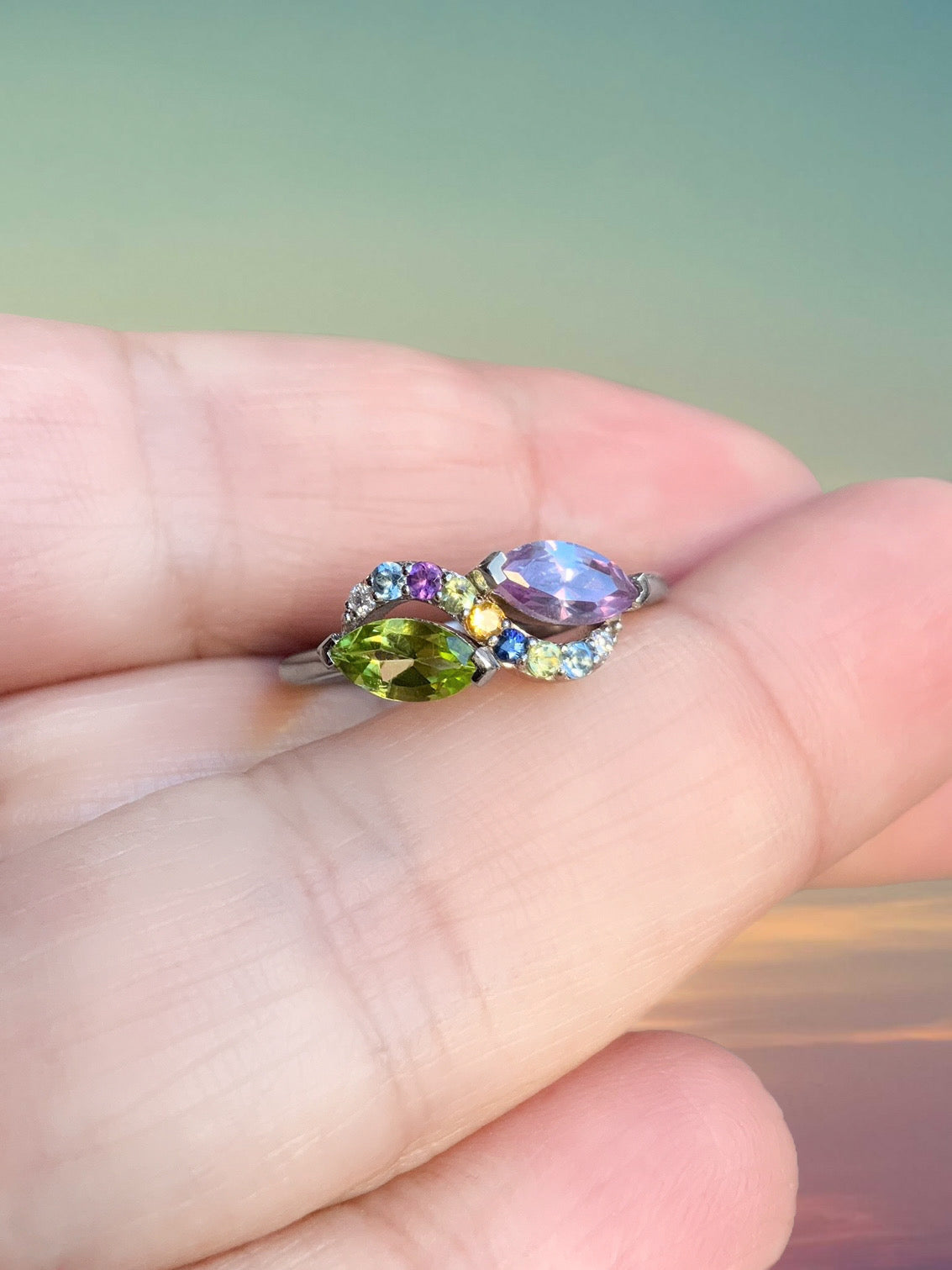 Mother's Ring/ 2 Stone Personalized Family Birthstone Ring/ Infinity Multi Stone Ring with Marquise Peridot & Alexandrite/ Big Family Ring