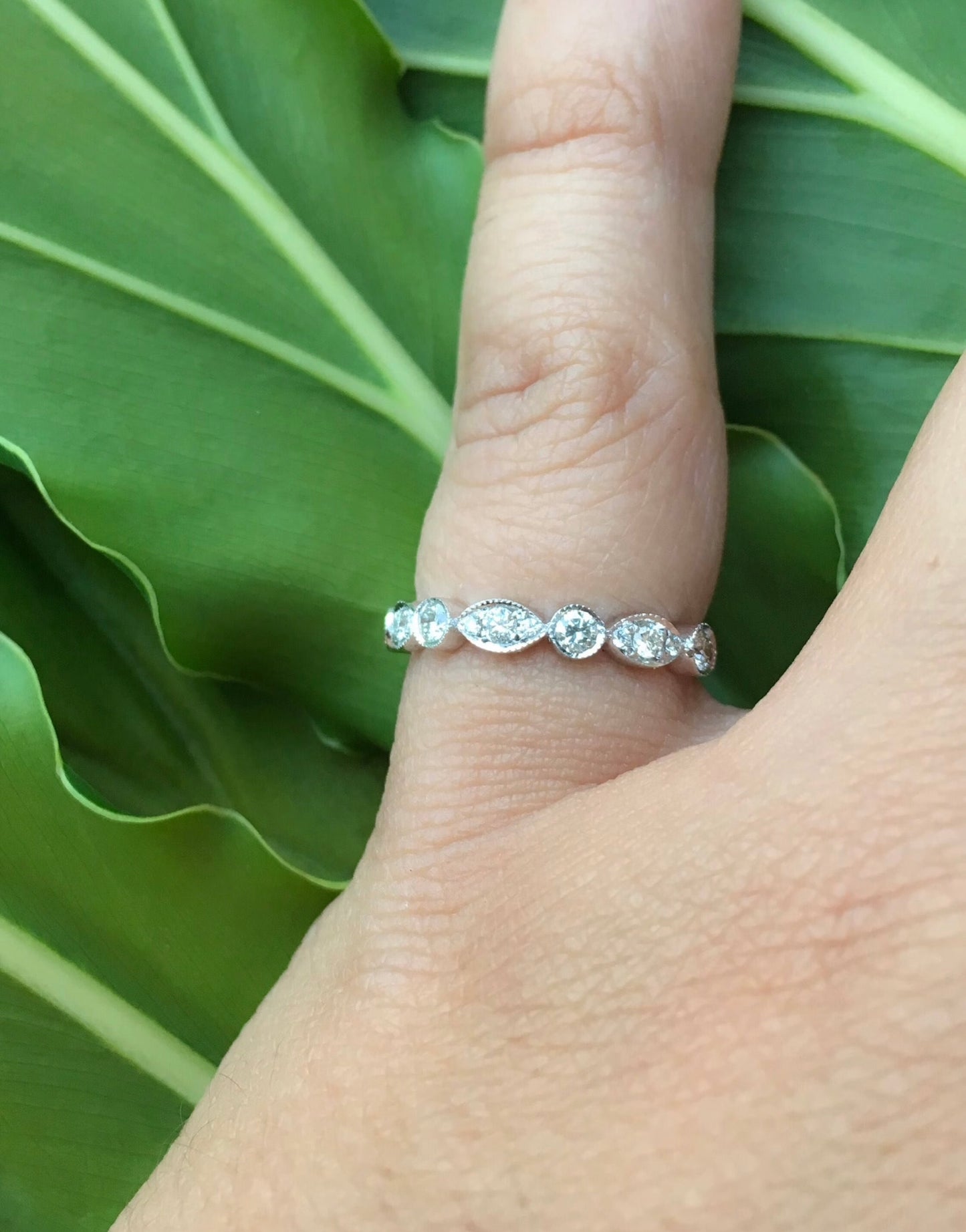 Marquise Dot Diamond Milgrain Women's Half Eternity Ring/ 3MM Lab Grown Diamond Unique Band/ Bezel Diamond Wedding Band/ 14K 18K Platinum
