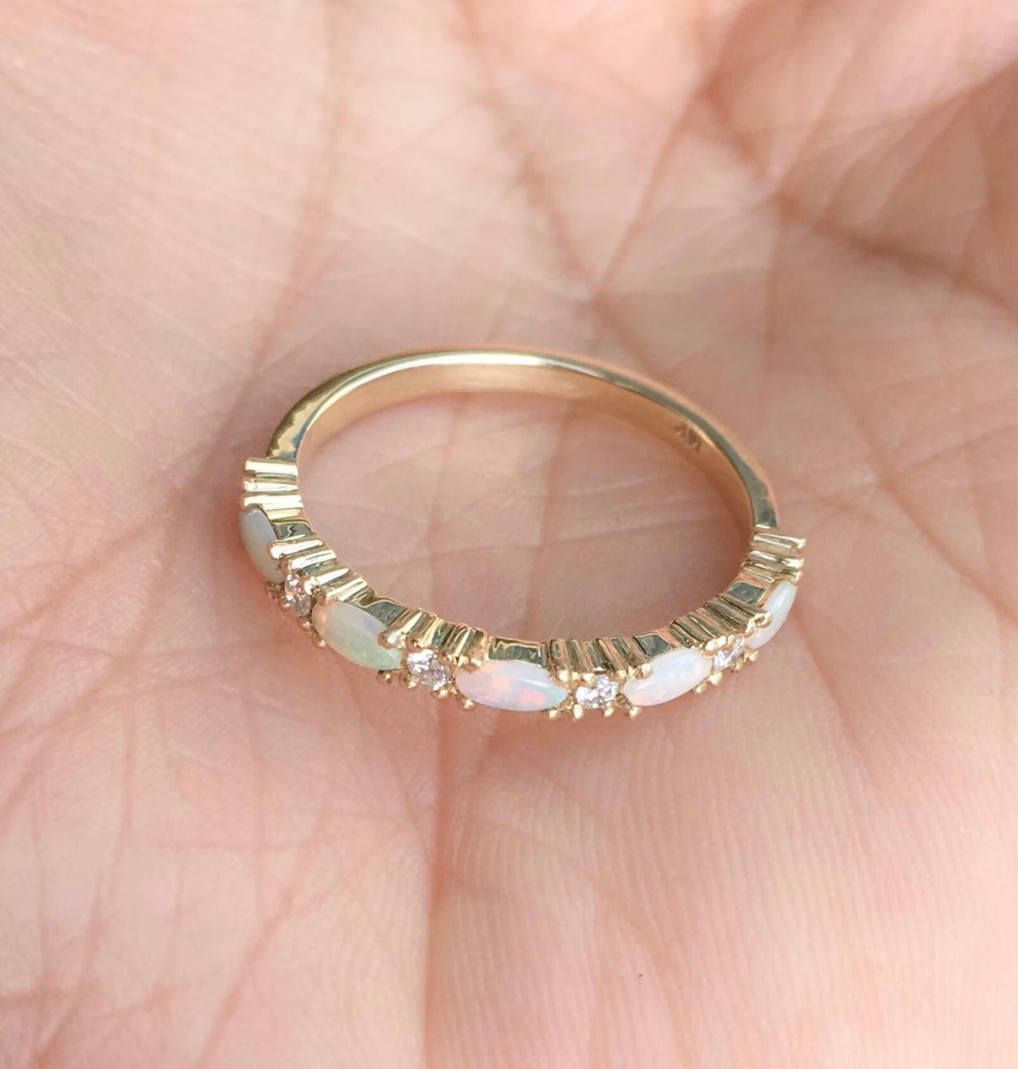 Opal Diamond Band/ Unique Opal Stacking Ring/ Prong Set Alternating Opal Diamond Wedding Band/ Vintage Looking Opal Diamond Ring/ October Birthstone Ring/ 10K 14K 18K or Platinum