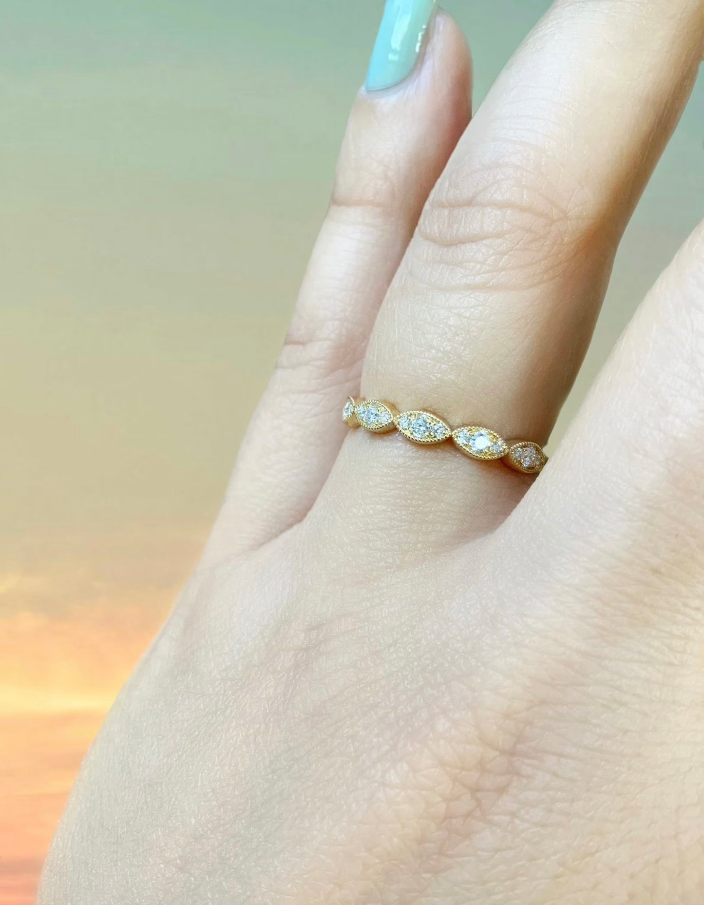Diamond Milgrain Marquise Ring/ 3mm Half Eternity Wedding Band/ Marquise Shapes w 3 Natural Diamonds/ Unique Diamond Stacking/ Gold Platinum