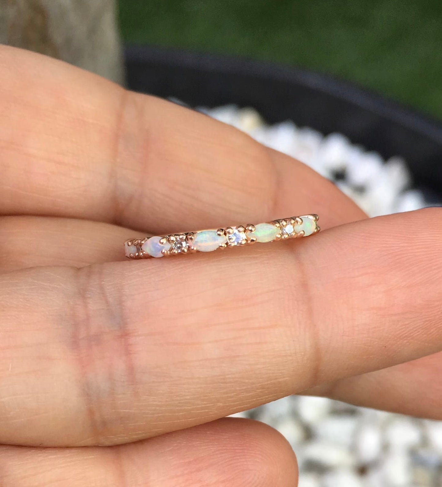 Opal Diamond Band/ Unique Opal Stacking Ring/ Prong Set Alternating Opal Diamond Wedding Band/ Vintage Looking Opal Diamond Ring/ October Birthstone Ring/ 10K 14K 18K or Platinum