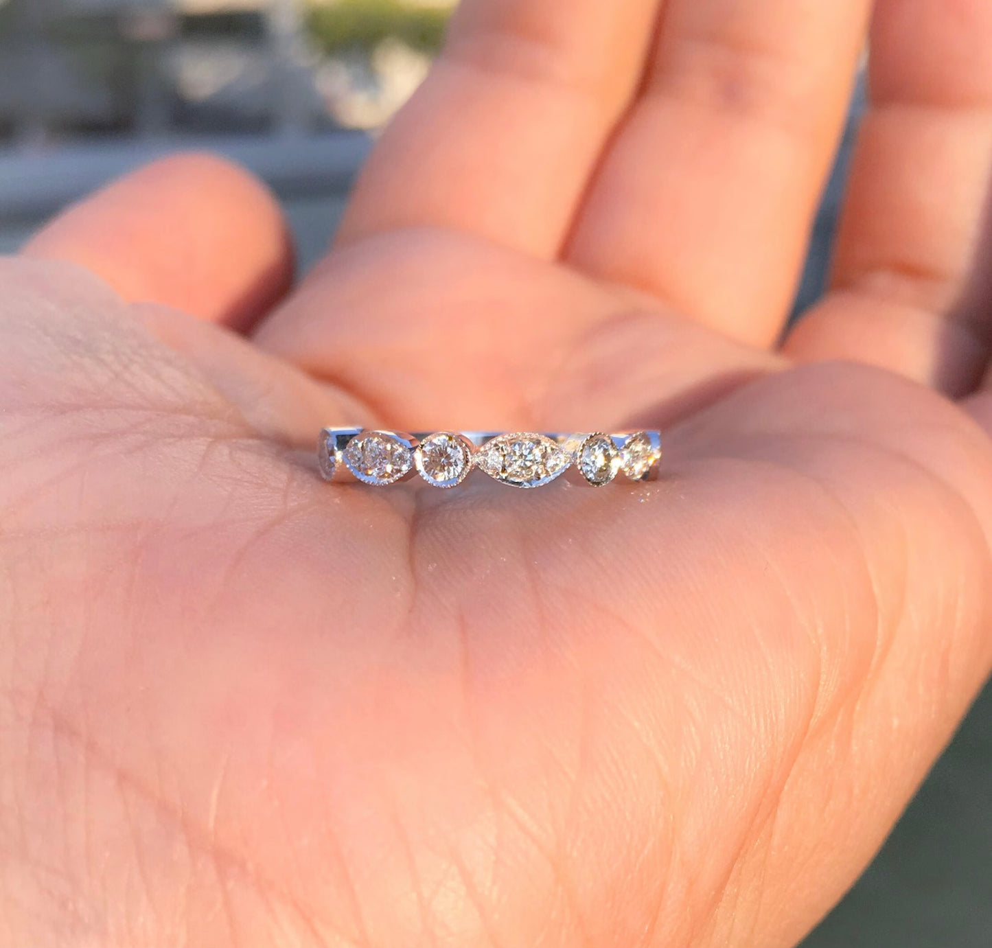 Marquise Dot Diamond Milgrain Women's Half Eternity Ring/ 3MM Lab Grown Diamond Unique Band/ Bezel Diamond Wedding Band/ 14K 18K Platinum
