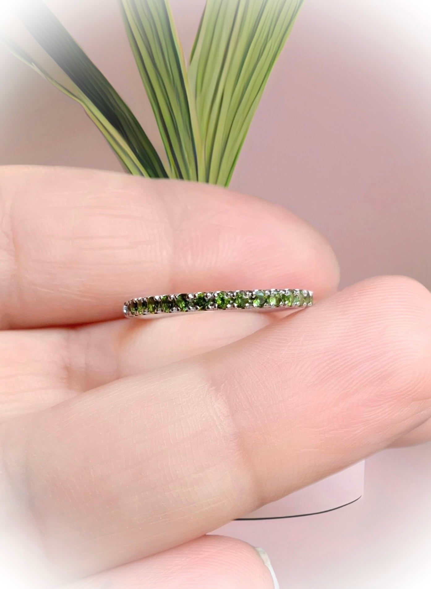Green Tourmaline Pave Band/ 2mm Half Eternity Stacking Ring/ Tourmaline Wedding Band/ October Birthstone Ring/ Push Present Custom Jewelry