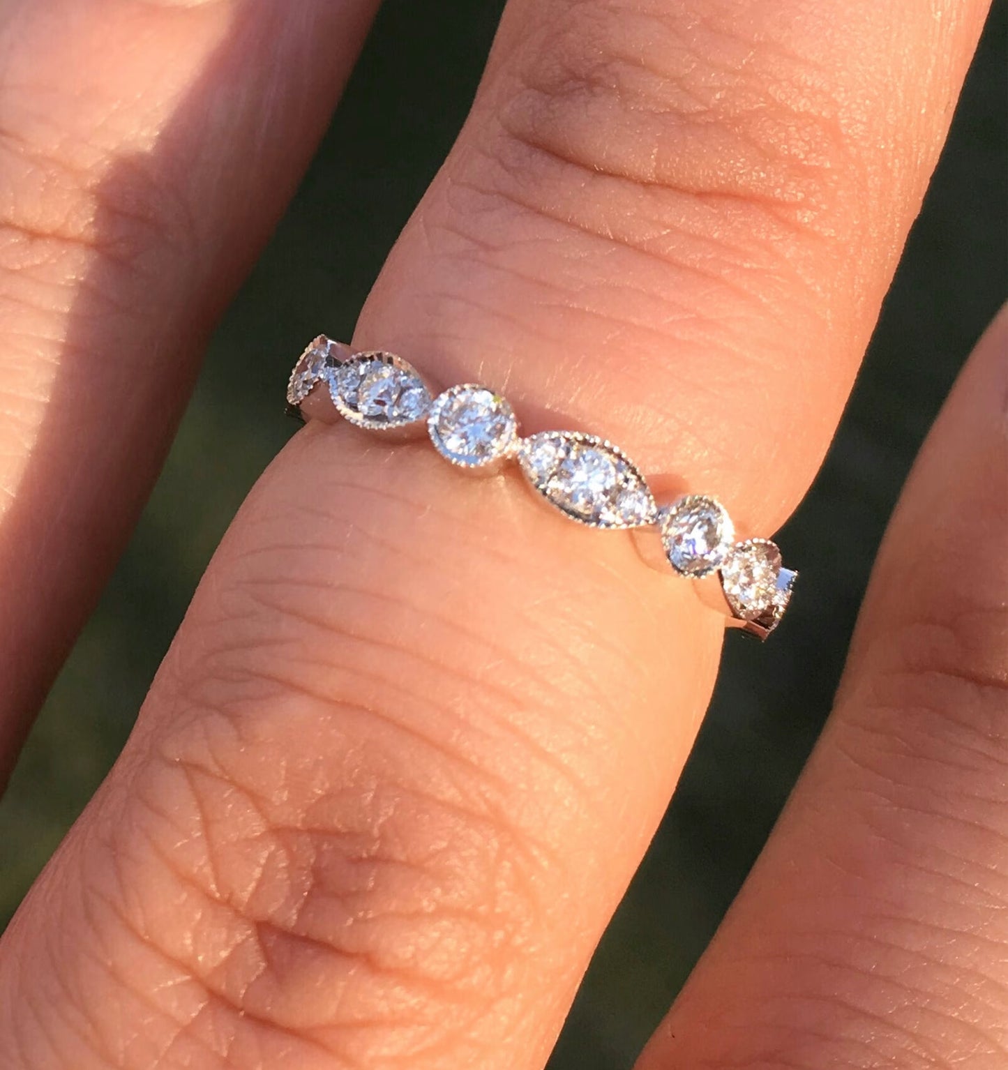 Marquise Dot Diamond Milgrain Women's Half Eternity Ring/ 3MM Lab Grown Diamond Unique Band/ Bezel Diamond Wedding Band/ 14K 18K Platinum