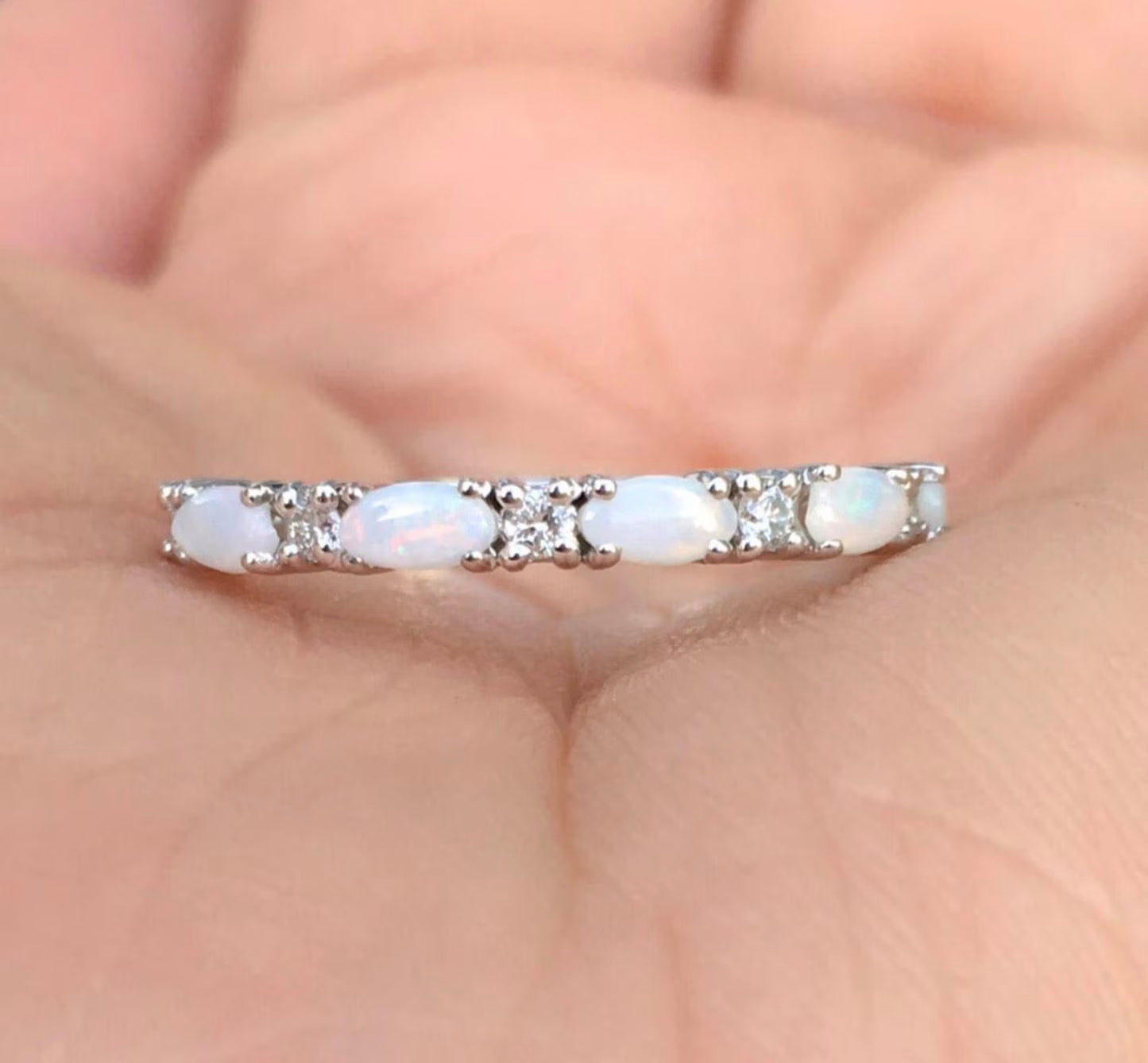 Opal Diamond Band/ Unique Opal Stacking Ring/ Prong Set Alternating Opal Diamond Wedding Band/ Vintage Looking Opal Diamond Ring/ October Birthstone Ring/ 10K 14K 18K or Platinum