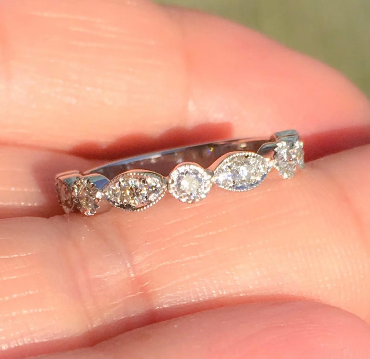 Marquise Dot Diamond Milgrain Women's Half Eternity Ring/ 3MM Lab Grown Diamond Unique Band/ Bezel Diamond Wedding Band/ 14K 18K Platinum