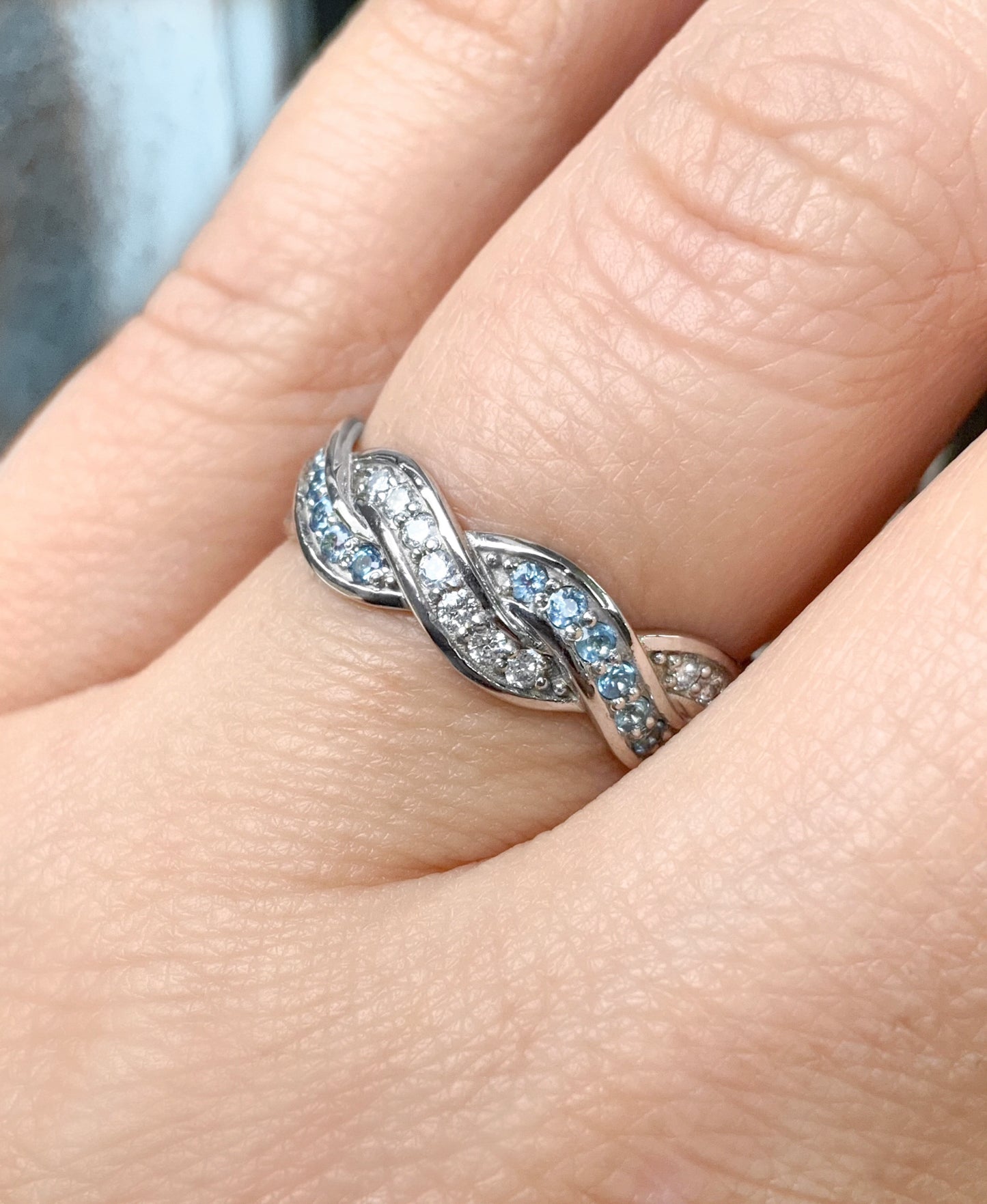 Aquamarine Diamond Twisted Vine Ring/ 6mm Full Eternity Pave Wave Ring/ Overlapping Twist Diamond Aquamarine Band/ Intertwined Stacking Ring