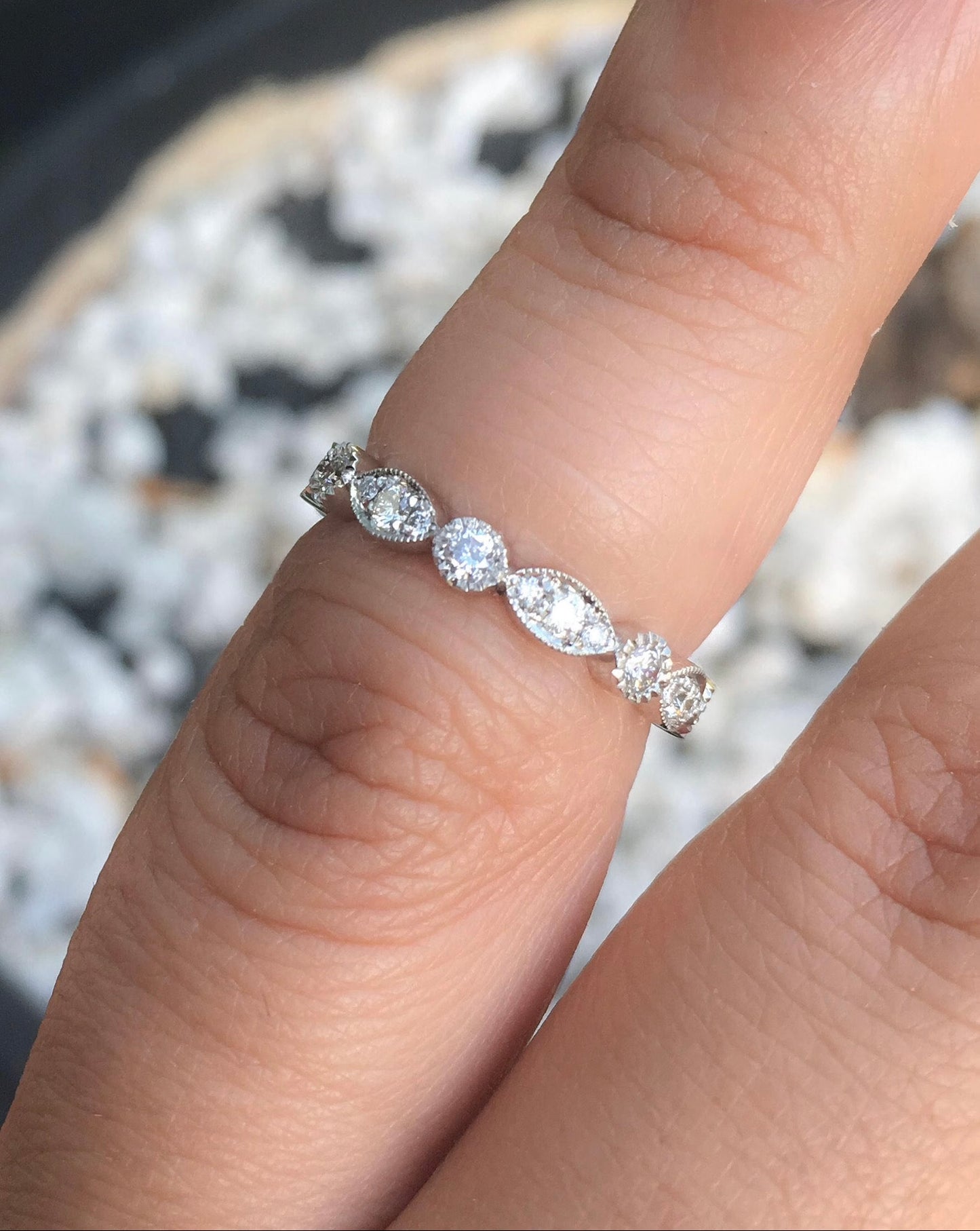 Marquise Dot Diamond Milgrain Women's Half Eternity Ring/ 3MM Lab Grown Diamond Unique Band/ Bezel Diamond Wedding Band/ 14K 18K Platinum