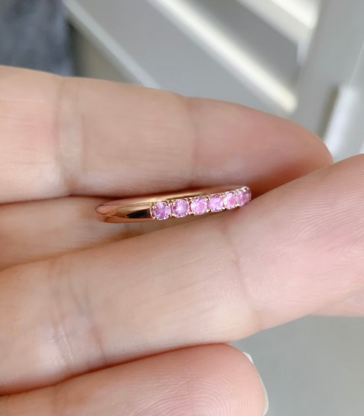 Reserved for Margaret/ 10K 2.7mm Half Eternity Pave Band with Dark & Medium Pink Sapphires and Yellow Sapphires