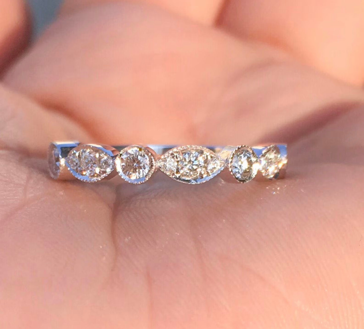 Marquise Dot Diamond Milgrain Women's Half Eternity Ring/ 3MM Lab Grown Diamond Unique Band/ Bezel Diamond Wedding Band/ 14K 18K Platinum