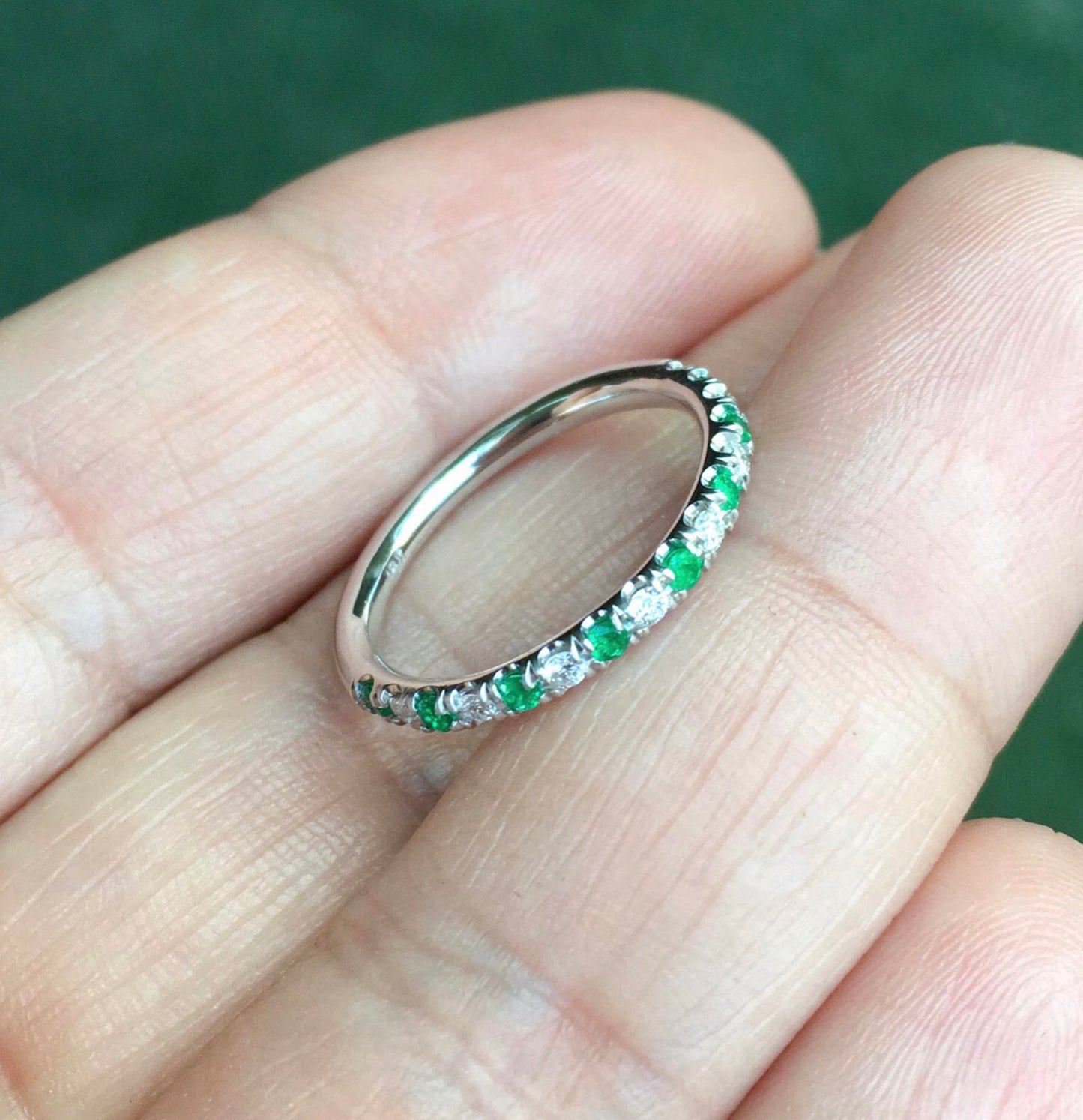 Alternating Emerald and Diamond Eternity Band/ 2mm Ring Diamond & Emerald/ Half Eternity Ring/ Diamond Wedding Band/ Anniversary Stack Band