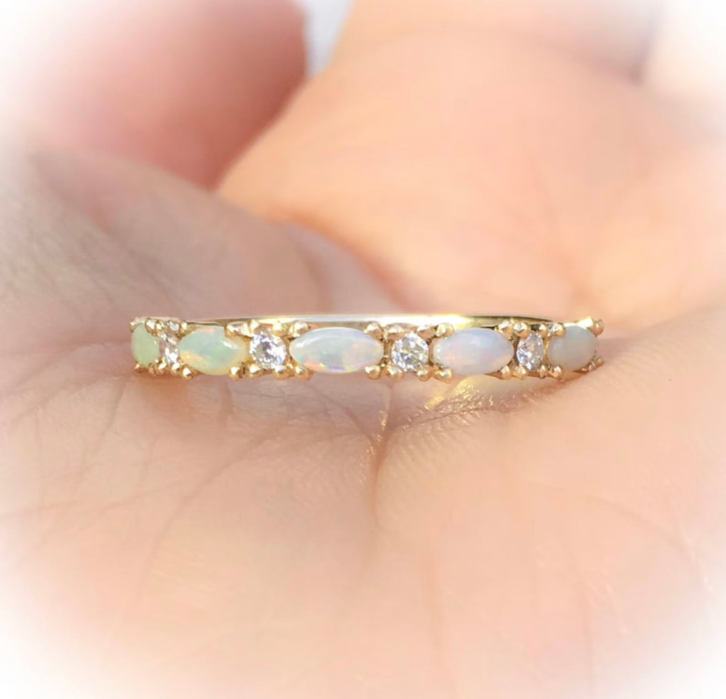 Opal Diamond Band/ Unique Opal Stacking Ring/ Prong Set Alternating Opal Diamond Wedding Band/ Vintage Looking Opal Diamond Ring/ October Birthstone Ring/ 10K 14K 18K or Platinum