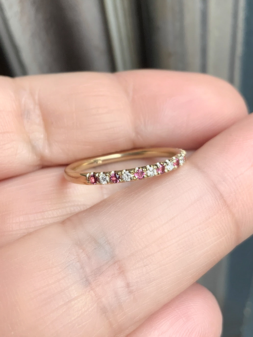 Rhodolite Garnet Diamond Alternating Band/ 2mm 3/4 Eternity Pave Stacking Ring/ Pink Garnet & Diamond 2 Birthstone Wedding Band/ Platinum or Solid Gold October Ring