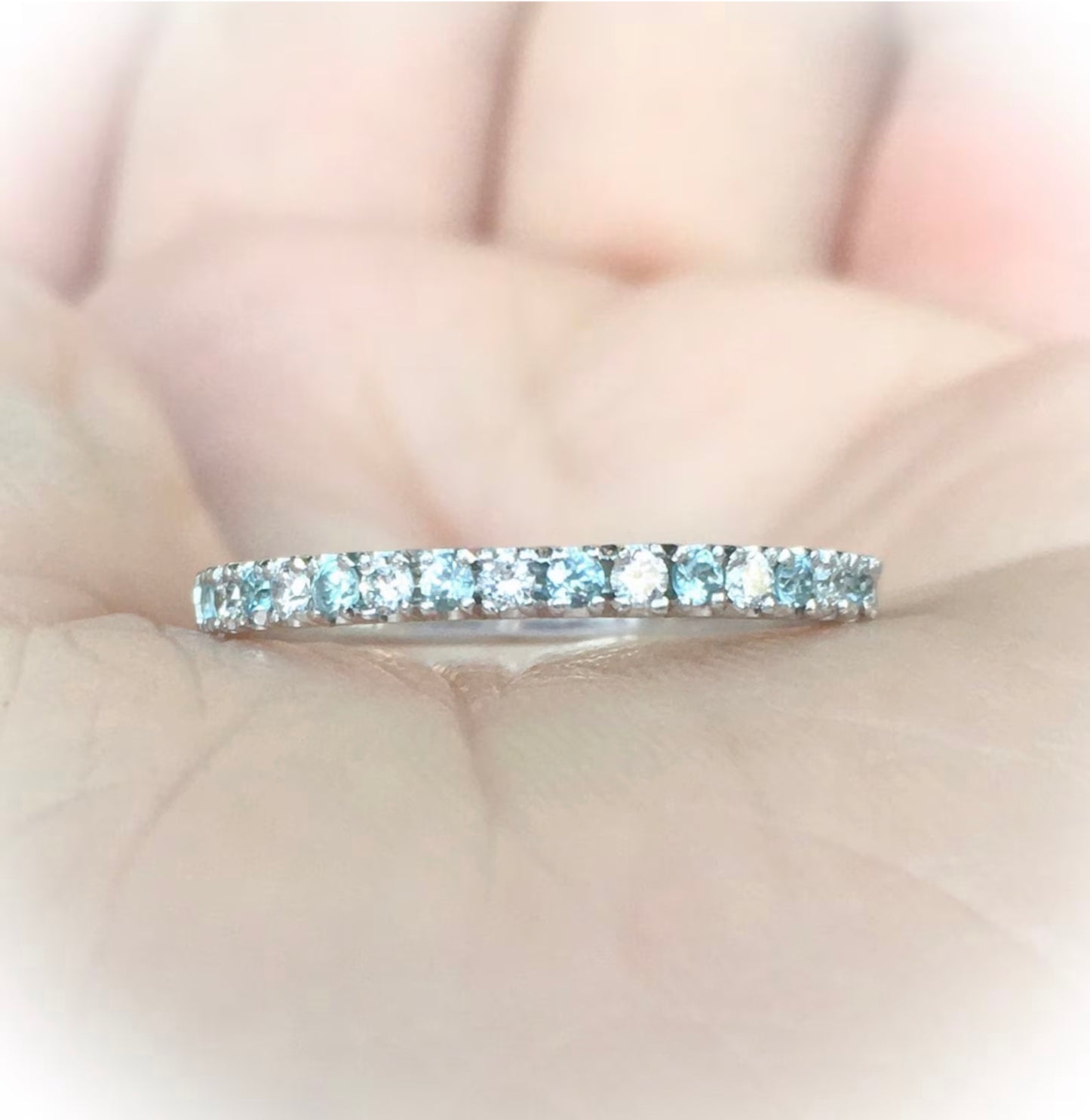 Blue Zircon Diamond Band/ 2mm Alternating Diamond Blue Zircon Pave Half Eternity Ring/ Diamond Blue Zircon Wedding Band or Anniversary Stack