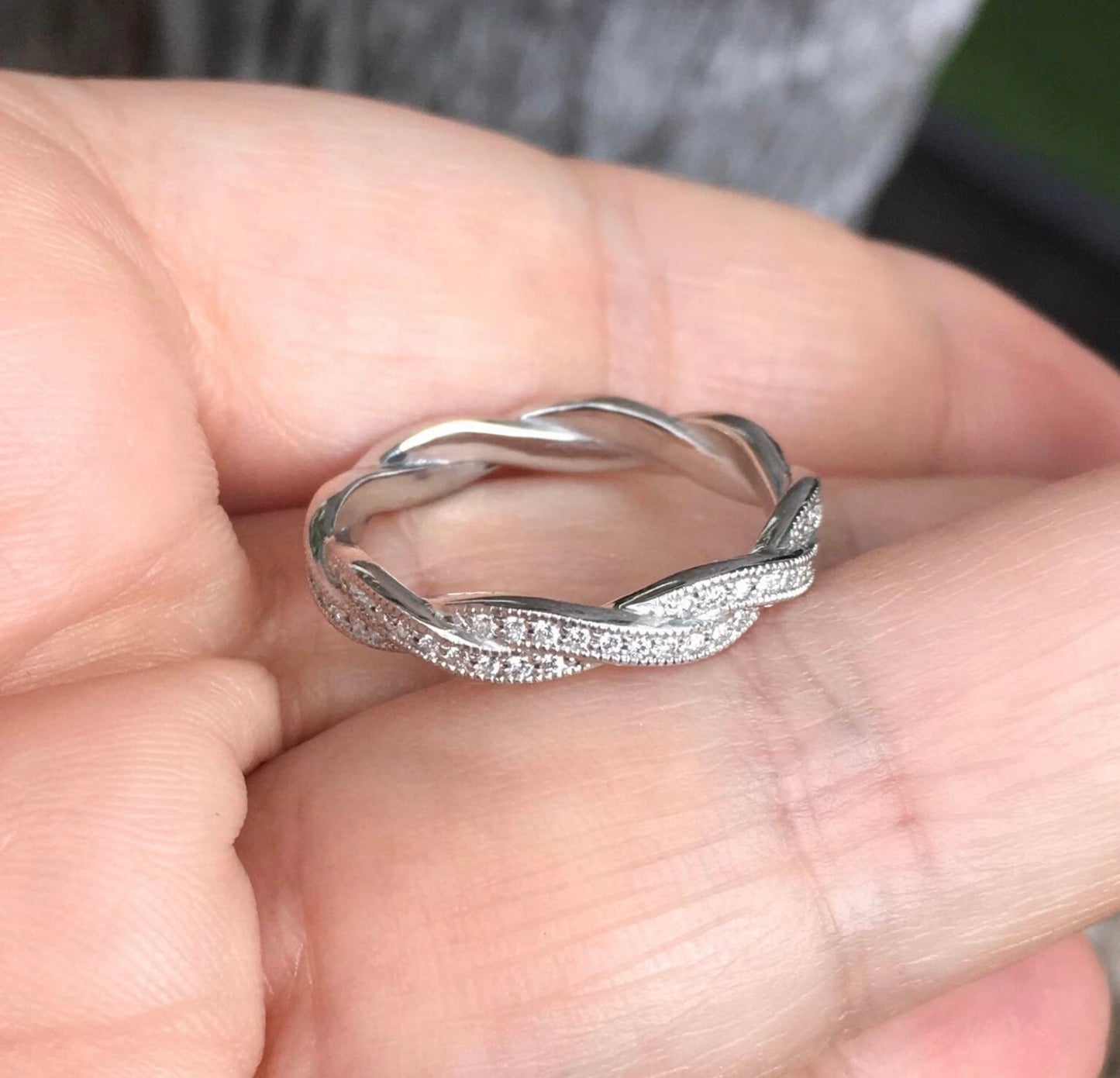 Twisted Diamond Ring/ 3.5mm Infinity Twist with Intertwined Diamond Waves/ Milgrain Full Eternity Natural Diamond Band/ Diamond Wedding Band