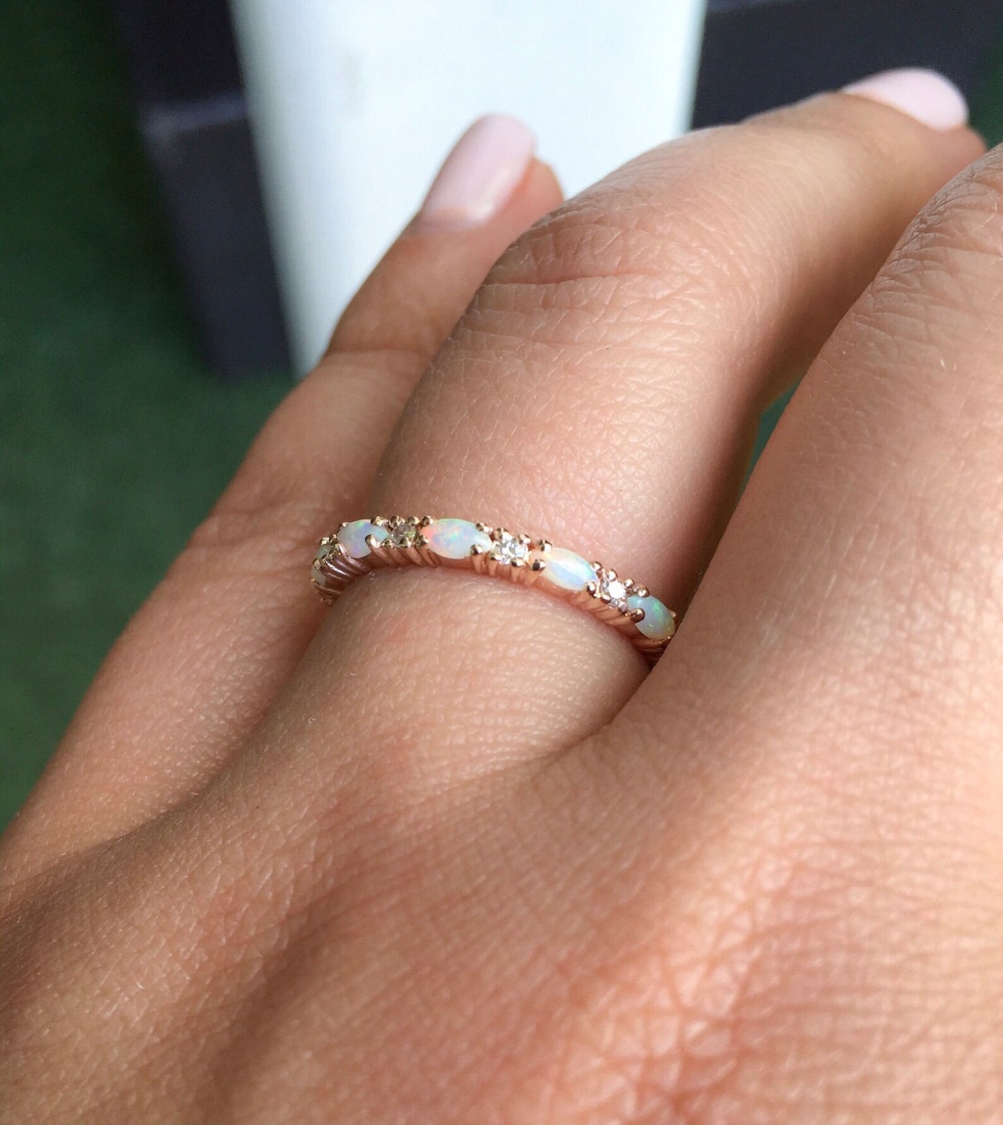 Opal Diamond Band/ Unique Opal Stacking Ring/ Prong Set Alternating Opal Diamond Wedding Band/ Vintage Looking Opal Diamond Ring/ October Birthstone Ring/ 10K 14K 18K or Platinum