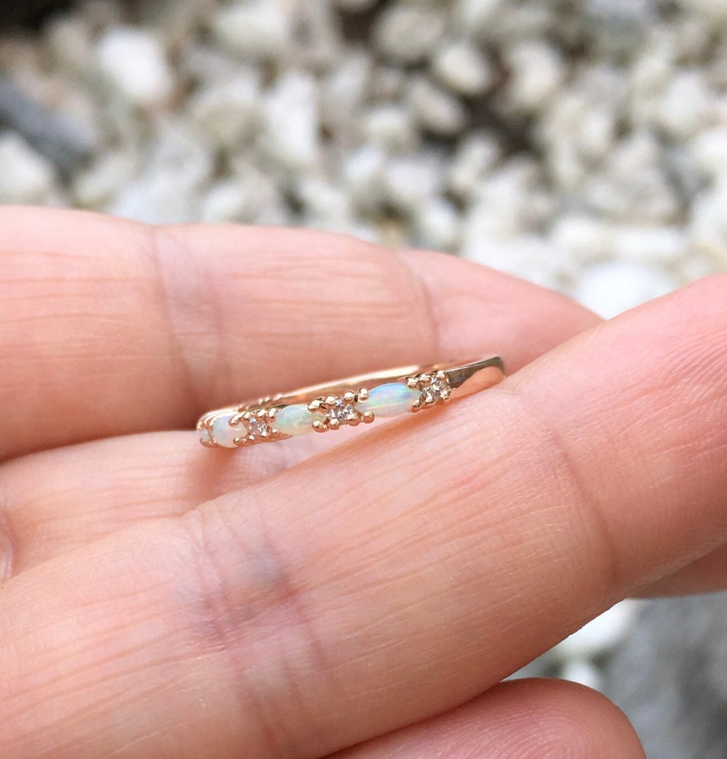 Opal Diamond Band/ Unique Opal Stacking Ring/ Prong Set Alternating Opal Diamond Wedding Band/ Vintage Looking Opal Diamond Ring/ October Birthstone Ring/ 10K 14K 18K or Platinum