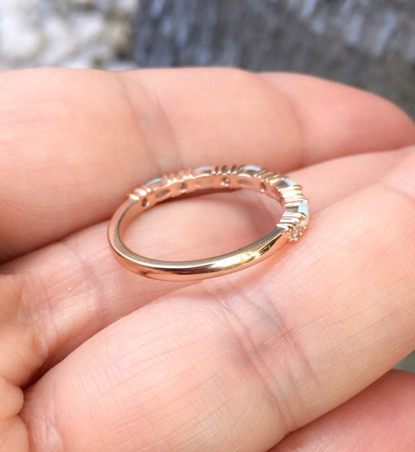 Opal Diamond Band/ Unique Opal Stacking Ring/ Prong Set Alternating Opal Diamond Wedding Band/ Vintage Looking Opal Diamond Ring/ October Birthstone Ring/ 10K 14K 18K or Platinum