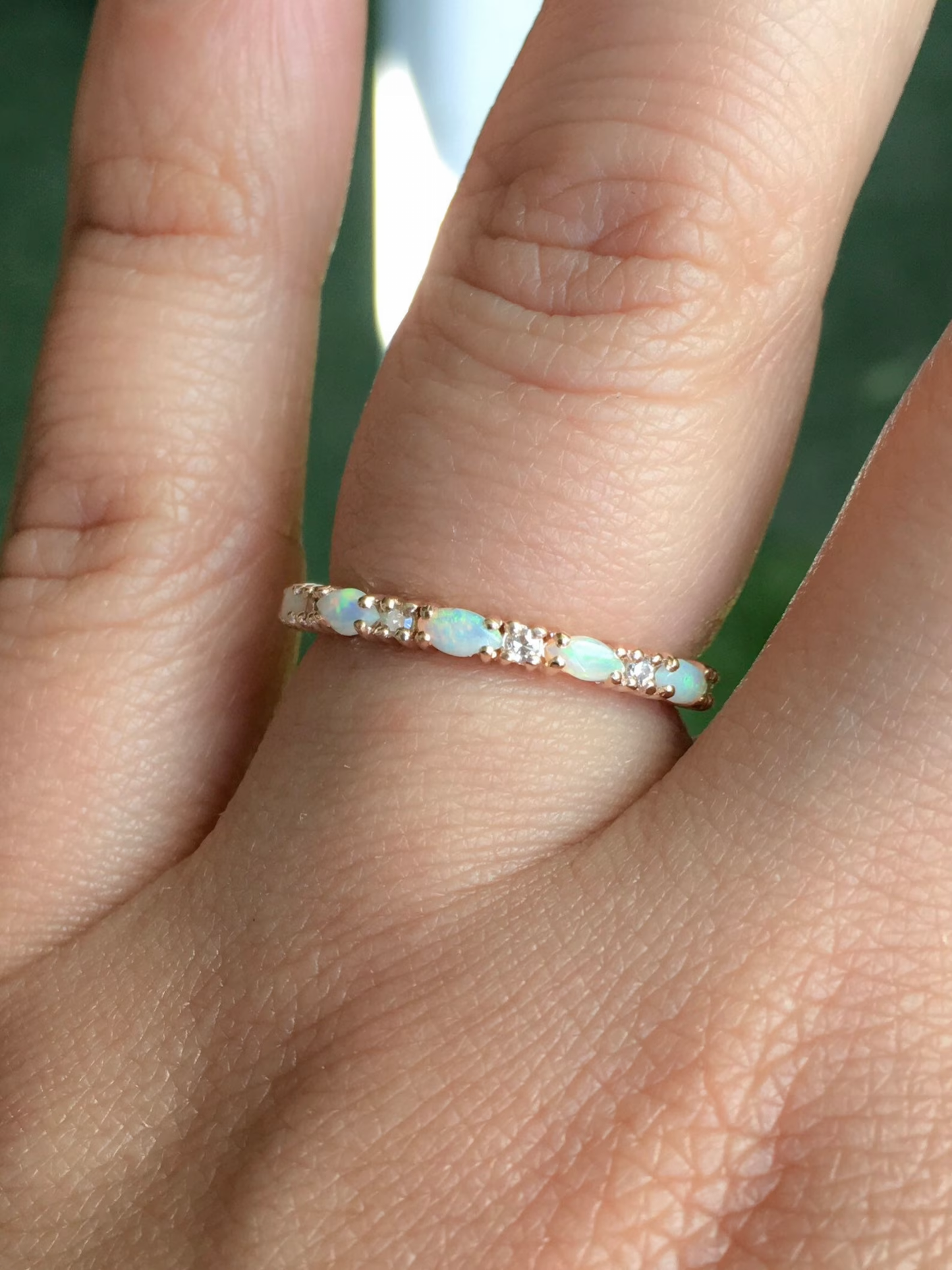 Opal Diamond Band/ Unique Opal Stacking Ring/ Prong Set Alternating Opal Diamond Wedding Band/ Vintage Looking Opal Diamond Ring/ October Birthstone Ring/ 10K 14K 18K or Platinum