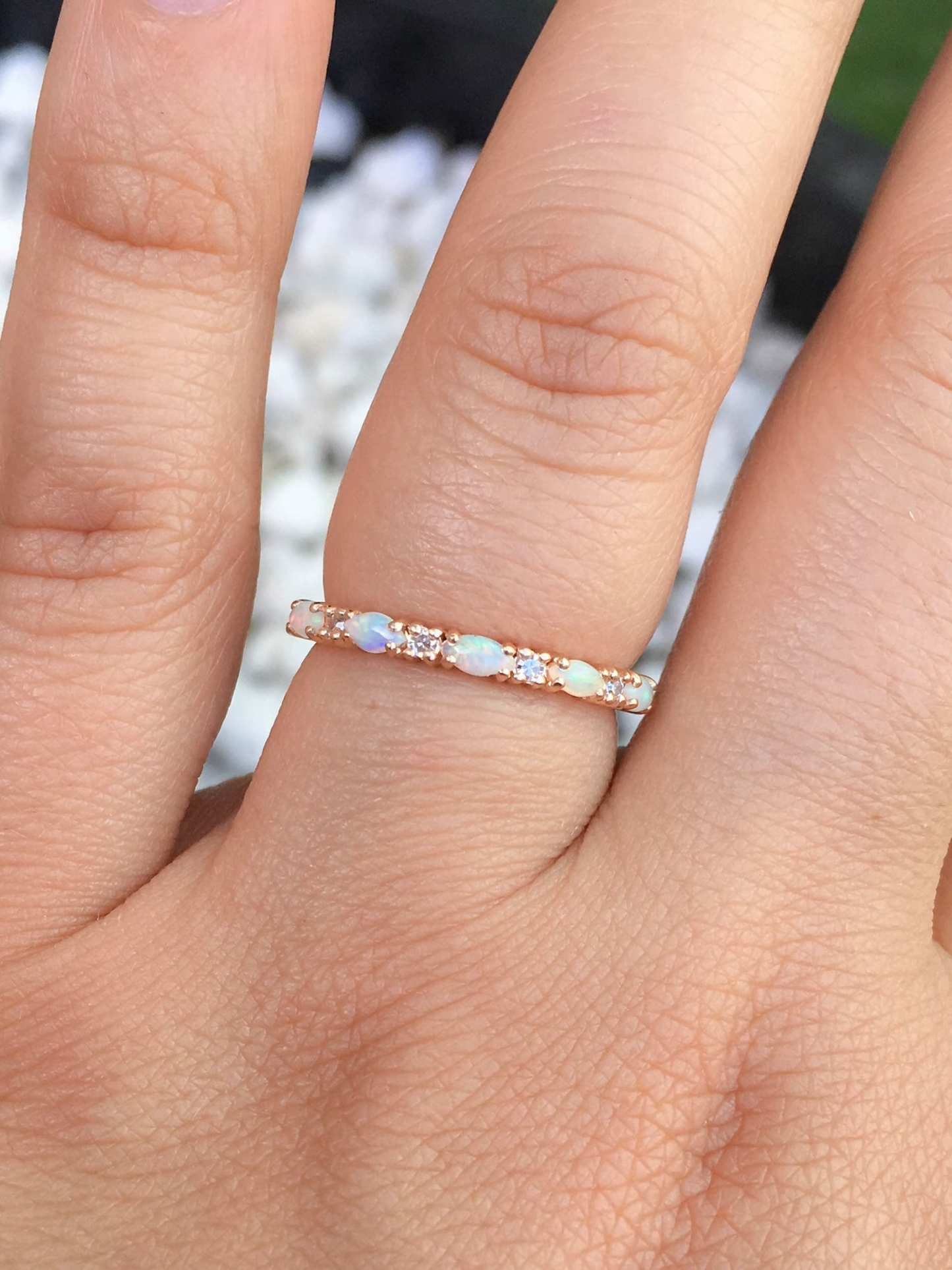 Opal Diamond Band/ Unique Opal Stacking Ring/ Prong Set Alternating Opal Diamond Wedding Band/ Vintage Looking Opal Diamond Ring/ October Birthstone Ring/ 10K 14K 18K or Platinum