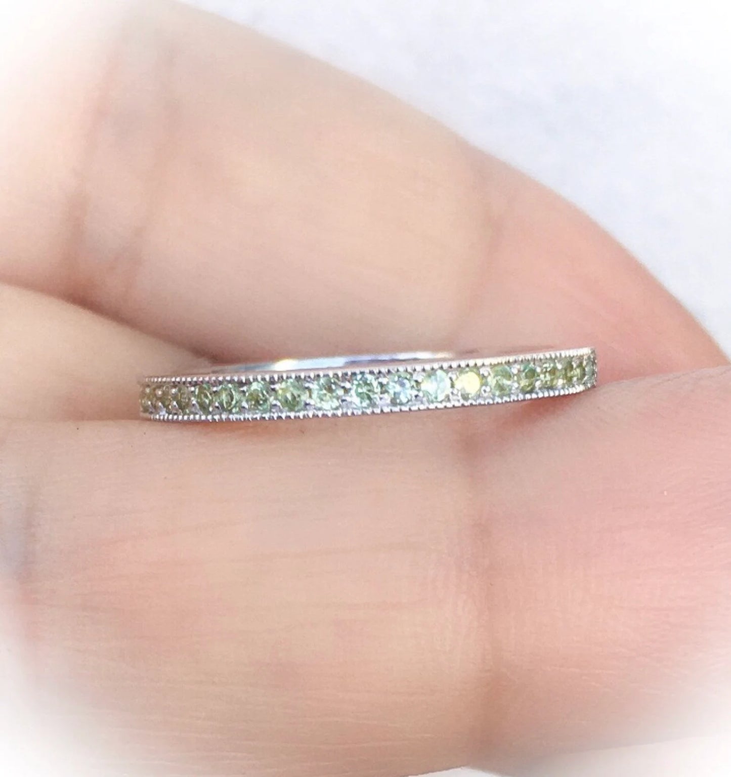 Reserved Listing for Platinum Full Eternity Peridot Band/ Channel Pave, 2mm, Milgrain