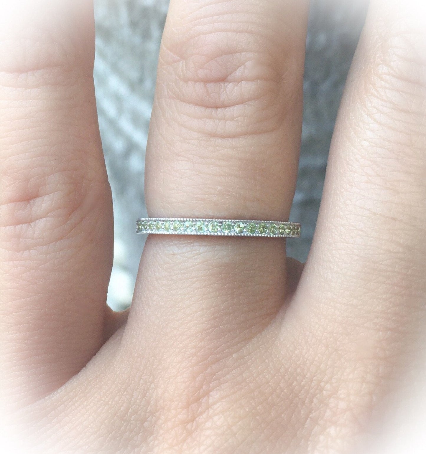 Reserved Listing for Platinum Full Eternity Peridot Band/ Channel Pave, 2mm, Milgrain