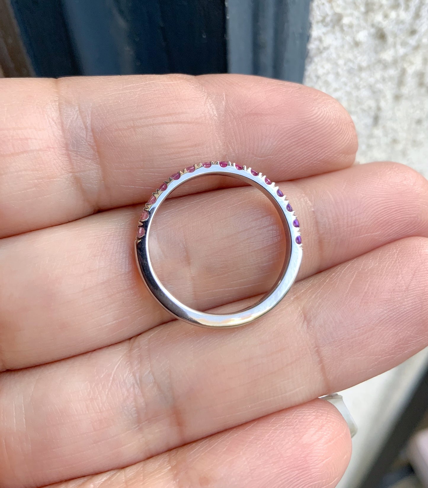Purple Pink Ombre Ring/ Gradient Pink Sapphire Amethyst Pave Stacking Ring/ 2.3mm Half Eternity Unique Wedding Band/ 10K 14K 18K or Platinum