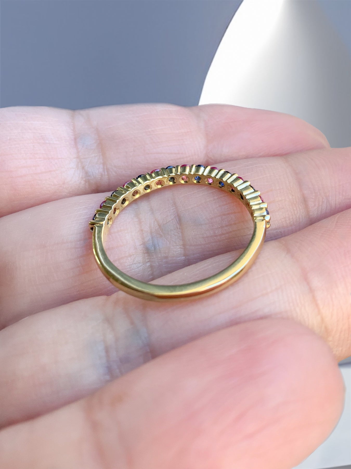 Pink Blue Sapphire Stacking Ring/ Shared Prong Sapphire 2mm Half Eternity Band/ Boy Girl Twin Ring Push Present/ 2 Birthstone Mother's Ring