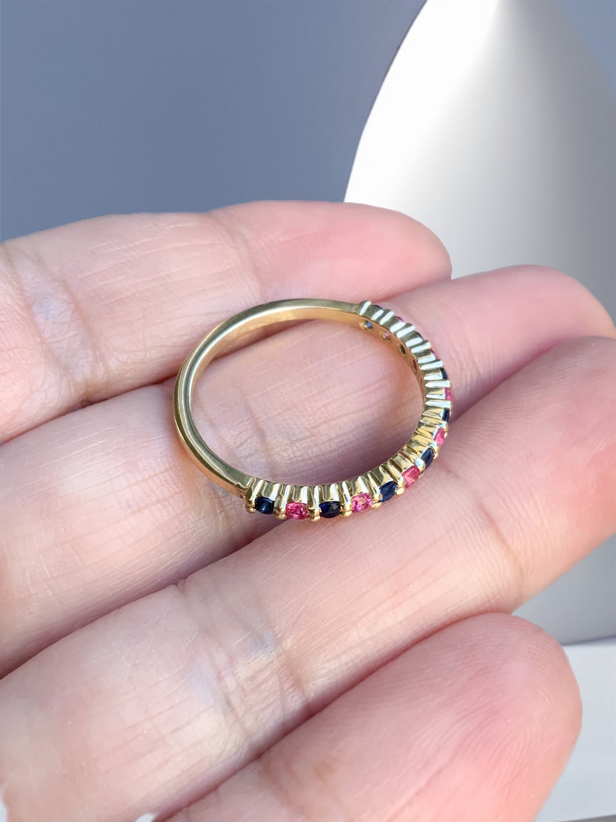 Pink Blue Sapphire Stacking Ring/ Shared Prong Sapphire 2mm Half Eternity Band/ Boy Girl Twin Ring Push Present/ 2 Birthstone Mother's Ring