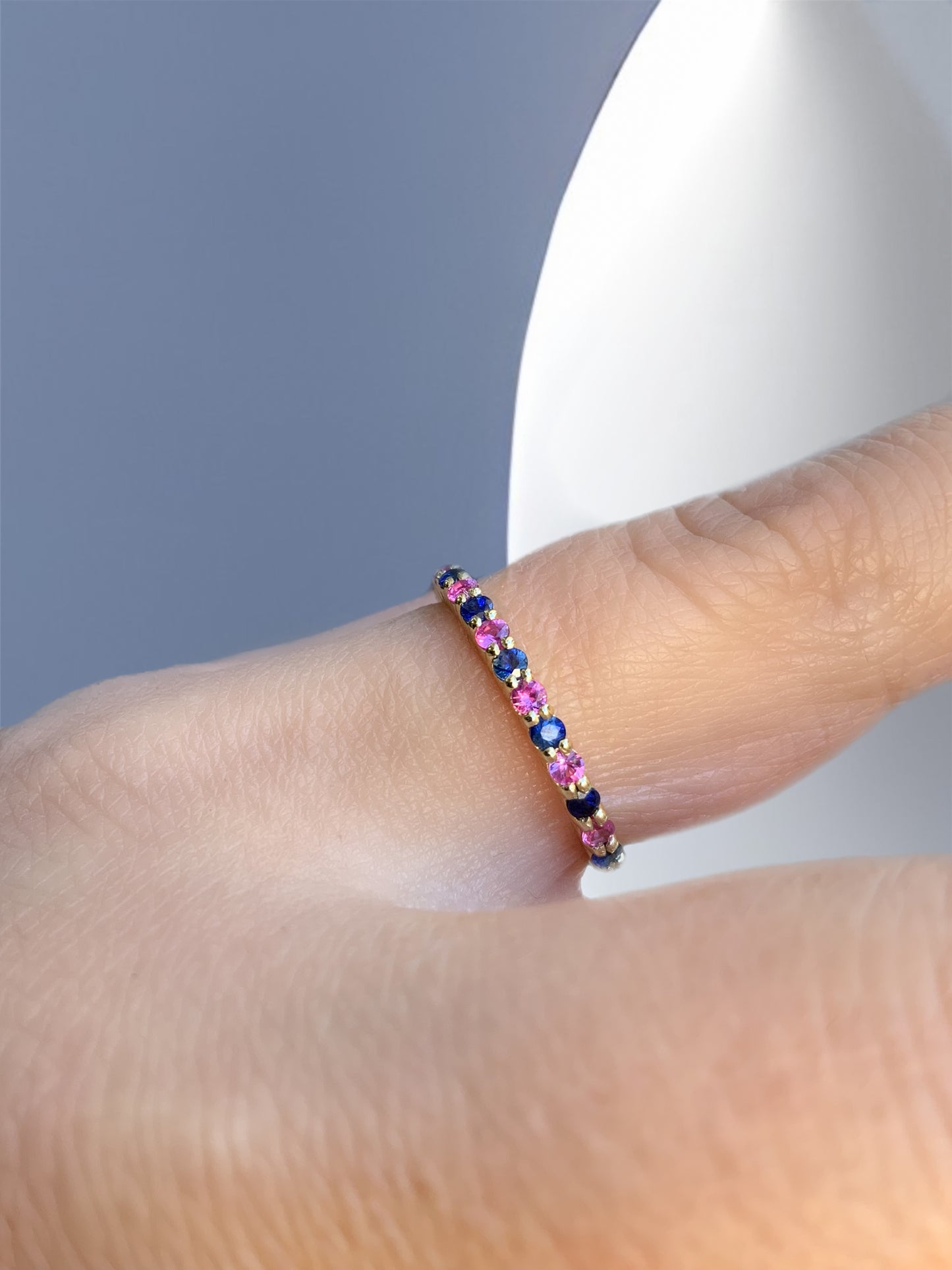 Pink Blue Sapphire Stacking Ring/ Shared Prong Sapphire 2mm Half Eternity Band/ Boy Girl Twin Ring Push Present/ 2 Birthstone Mother's Ring