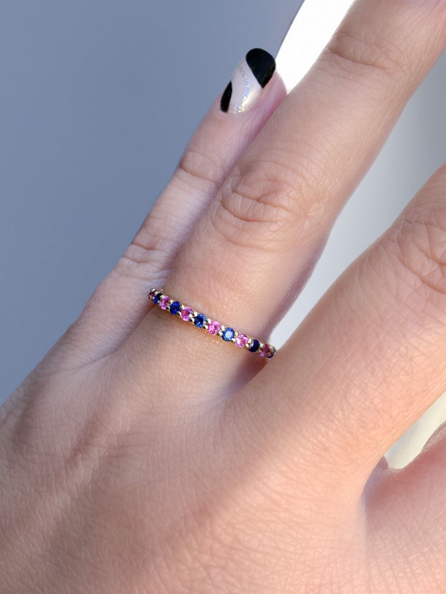 Pink Blue Sapphire Stacking Ring/ Shared Prong Sapphire 2mm Half Eternity Band/ Boy Girl Twin Ring Push Present/ 2 Birthstone Mother's Ring